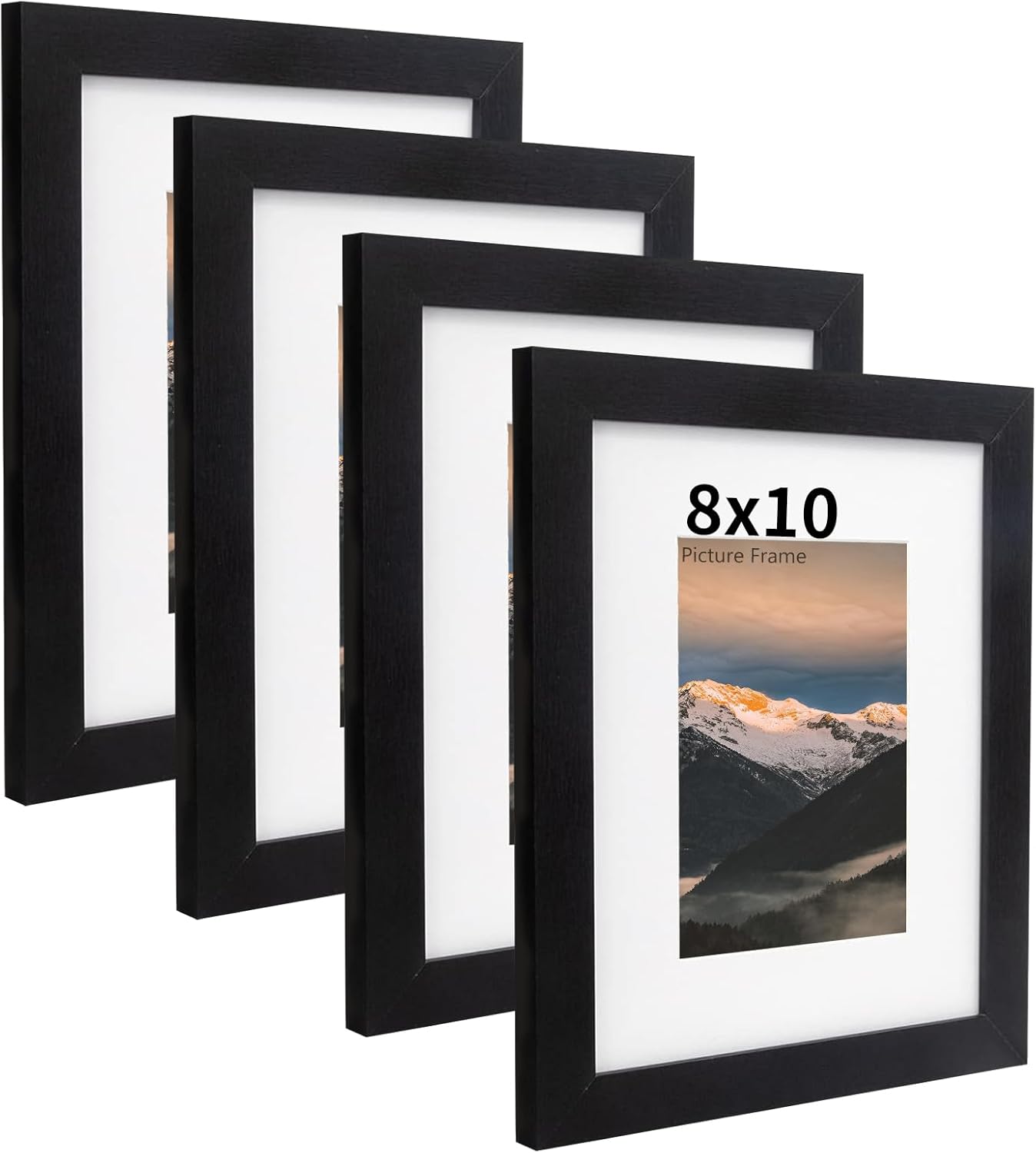 8x10 Picture Frame Set of 4, 5x7 with Mat or 8x10 without Mat, Black Wooden 8x10...