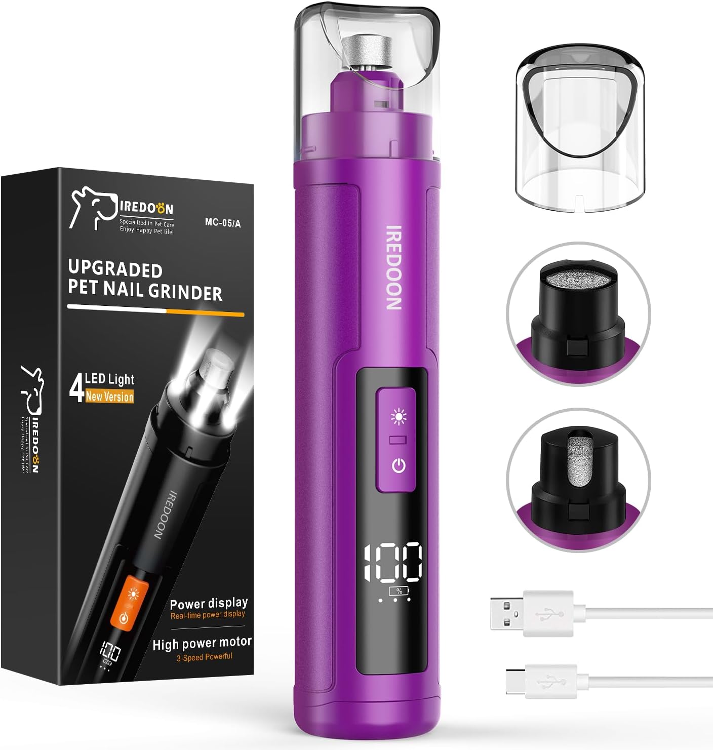 IREDOON Pet Dog Nail Grinder, Professional 3-Speed Mode Electric Rechargeable Pe...