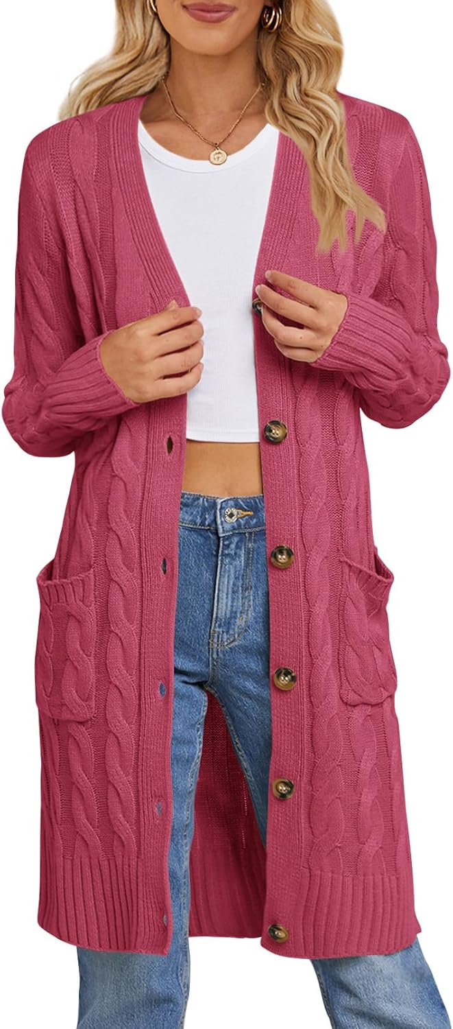 MEROKEETY Women's 2024 Long Sleeve Cable Knit Long Cardigan Open Front Button Sw...