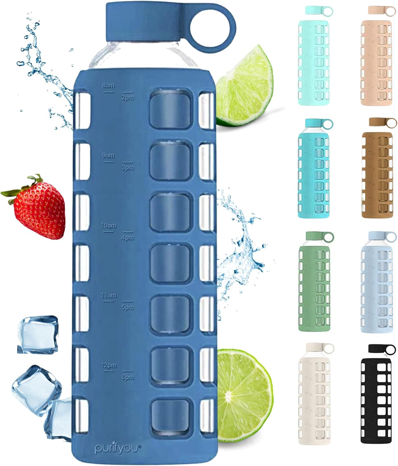 purifyou Premium 40/32 / 22/12 oz Glass Water Bottles with Times to Drink and Vo...