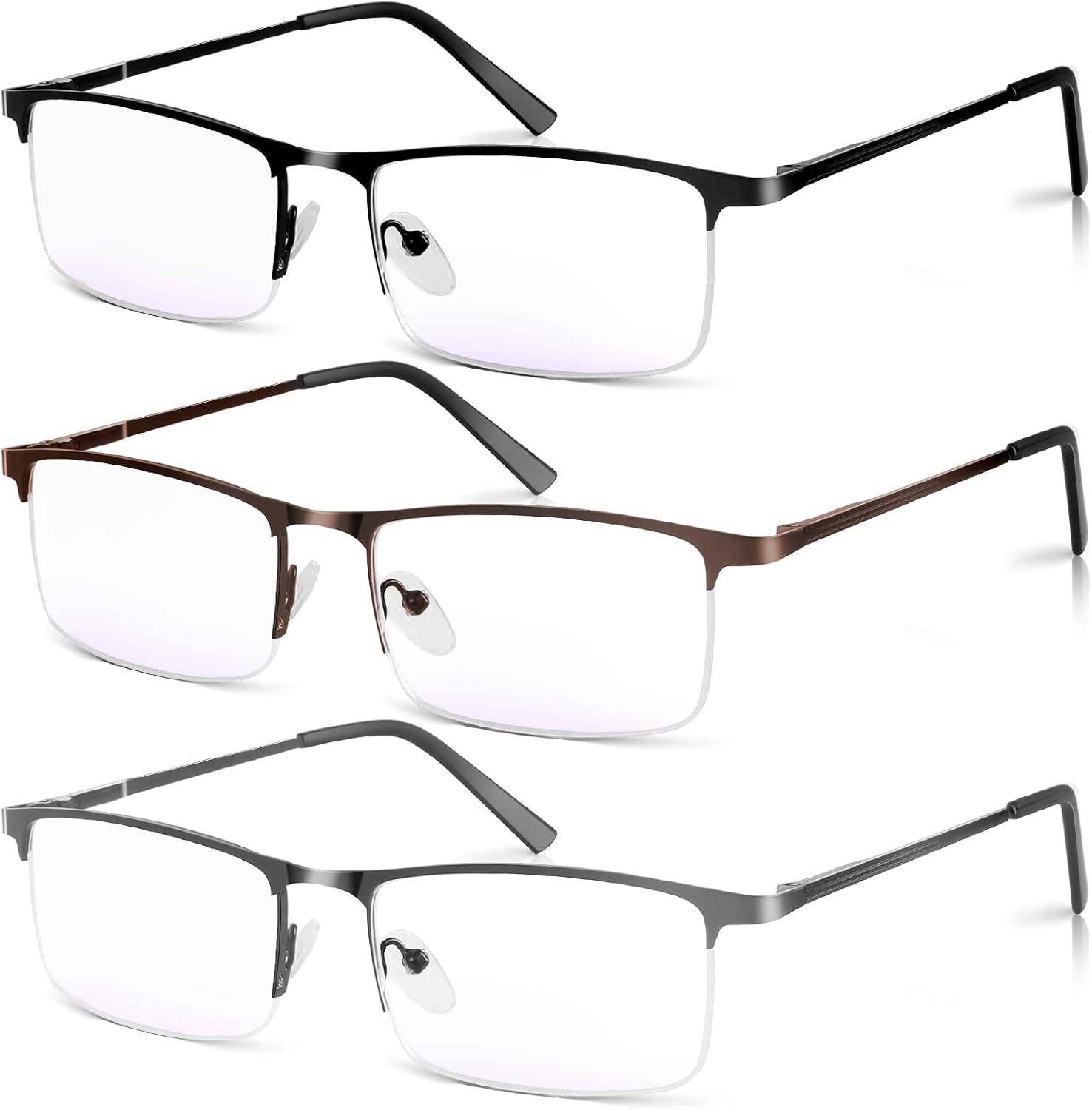 3 Pack Blue Light Blocking Reading Glasses for Men, Stylish Half Frame Metal Com...