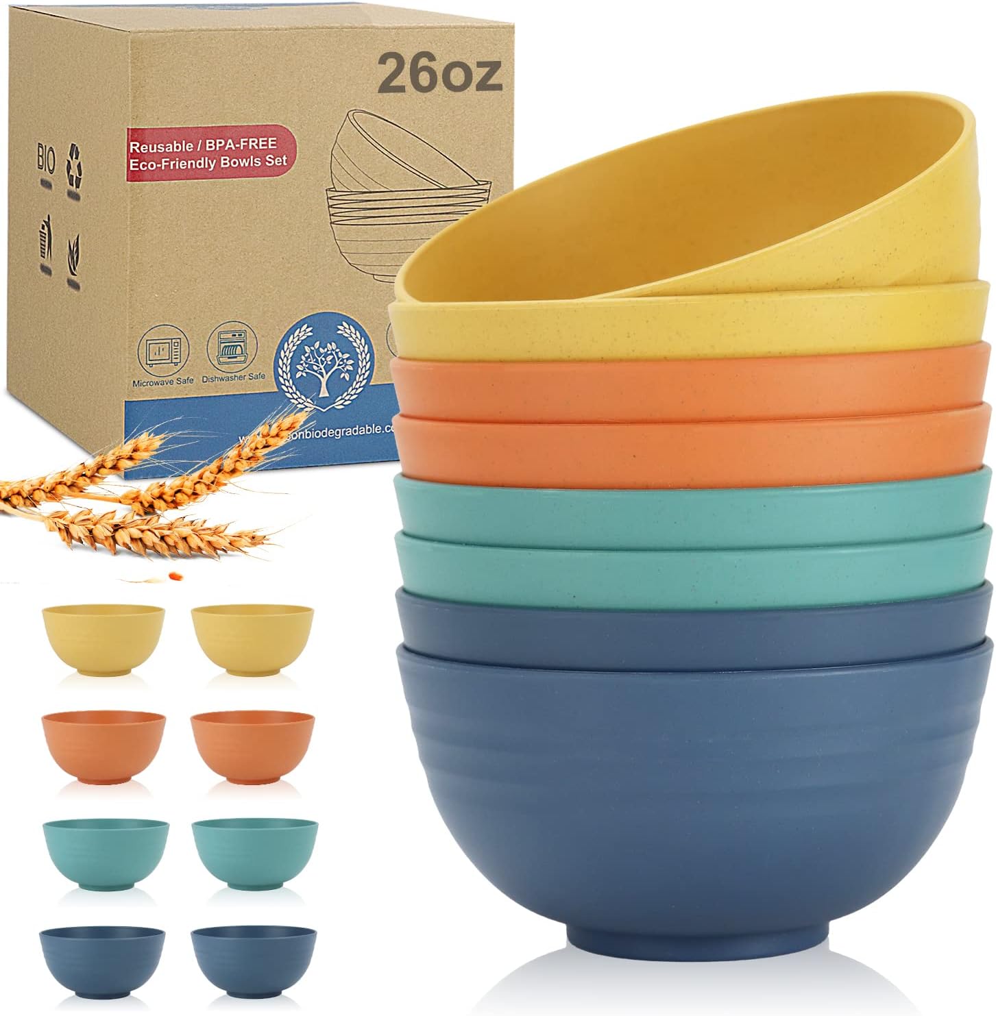 Wheat Straw Bowl Sets, Unique Unbreakable Cereal Bowls 26 OZ, Sustainable Microw...