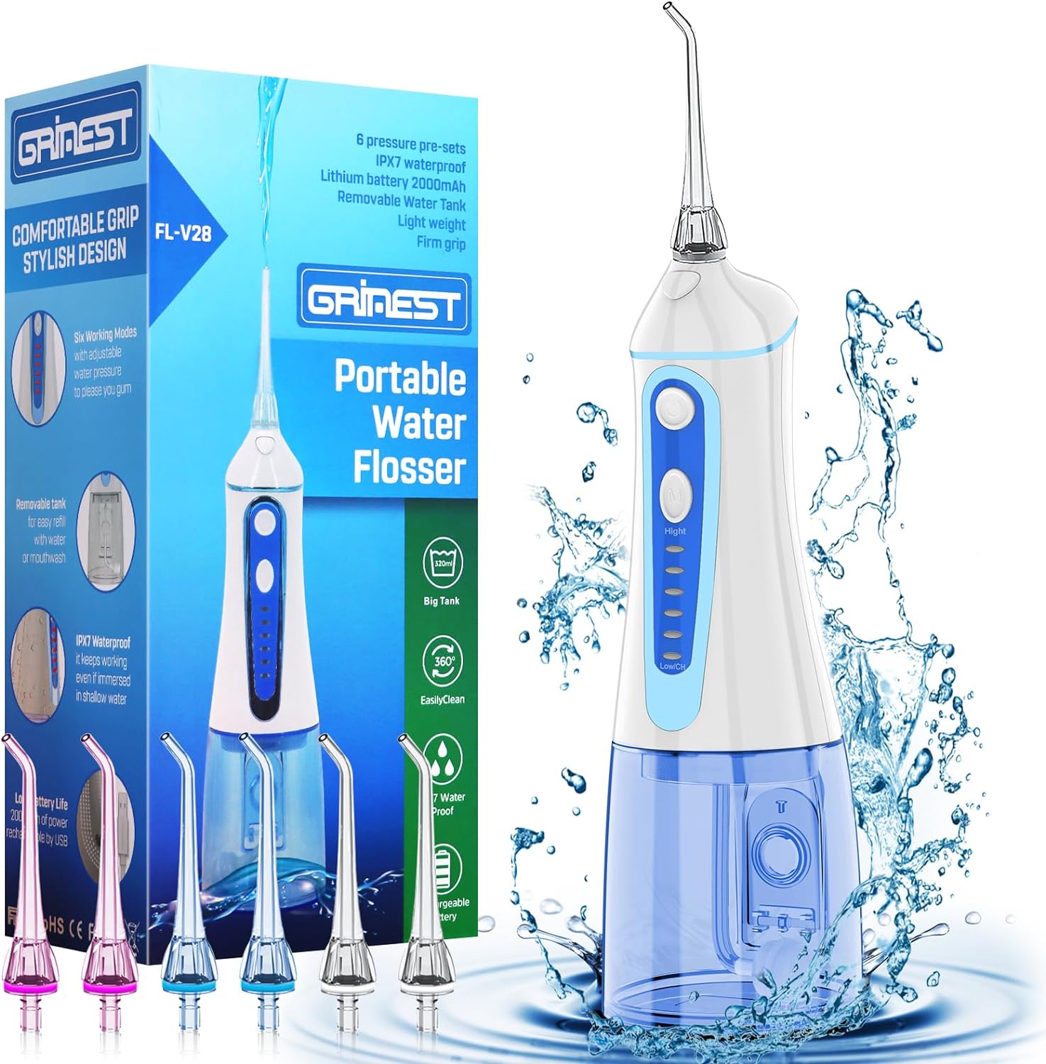 Water Dental Pik Flosser,Grinest 7 Modes Rechargeable Water Dental Pick for Teet...