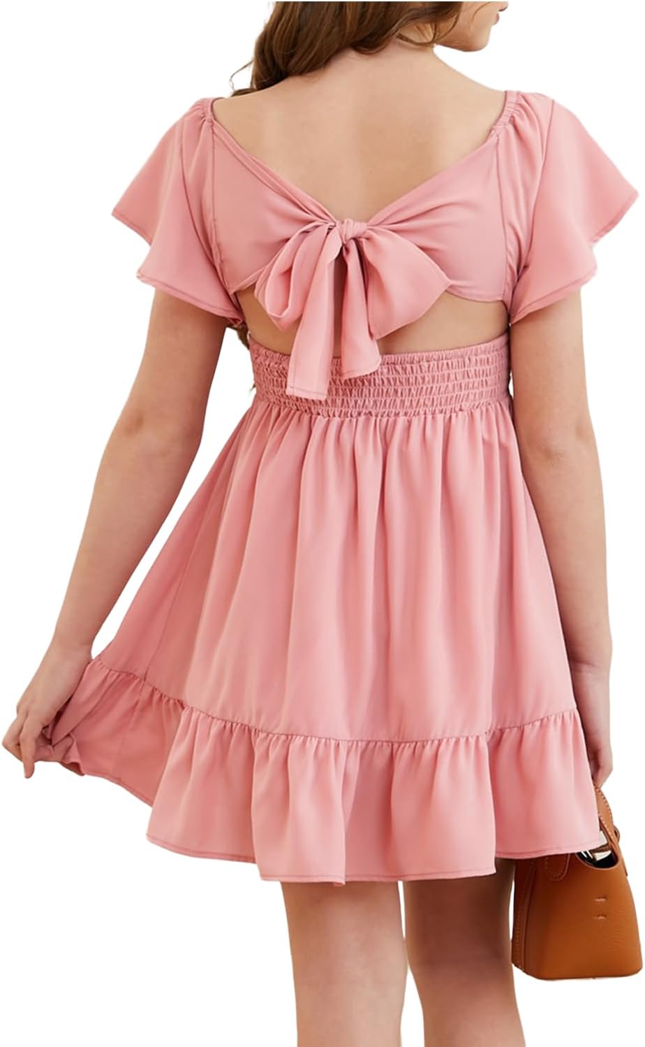 Girls Elegant Ruffle Short Sleeve Back Tie Dresses 6-13 Years Old 10-11 Years Pi...