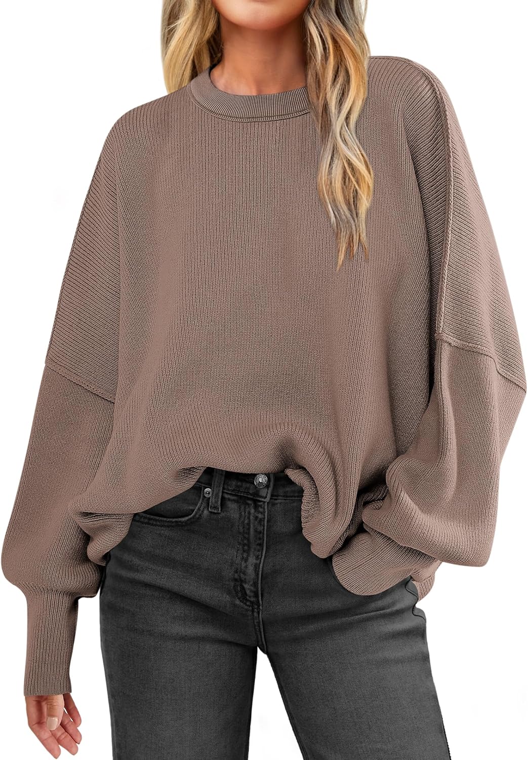LOGENE Women's Oversized Batwing Long Sleeve Crewneck Side Slit Ribbed Knit Pull...
