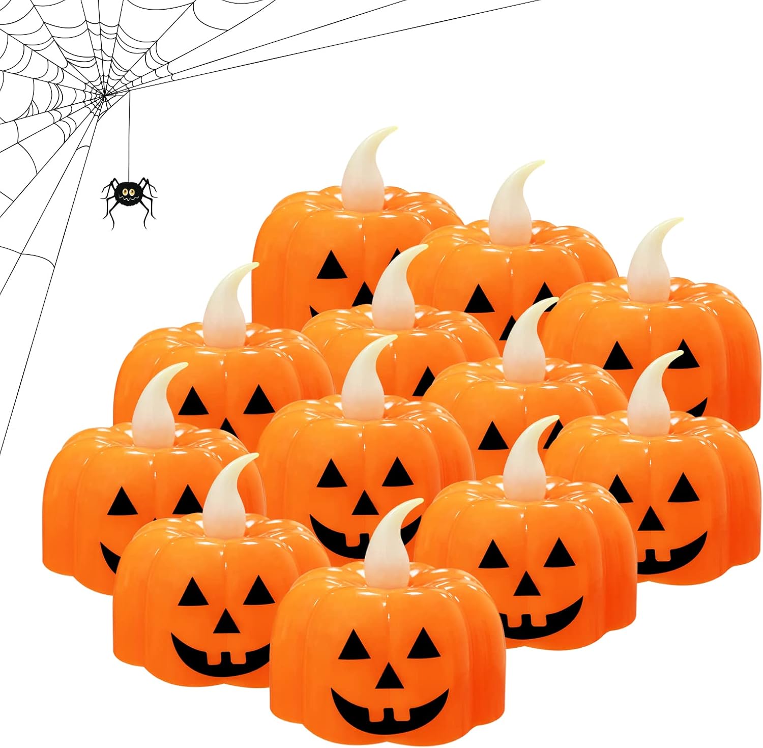 Jsdoin Halloween Pumpkin Tea Lights, 12pcs Halloween Flameless Candles, Orange L...