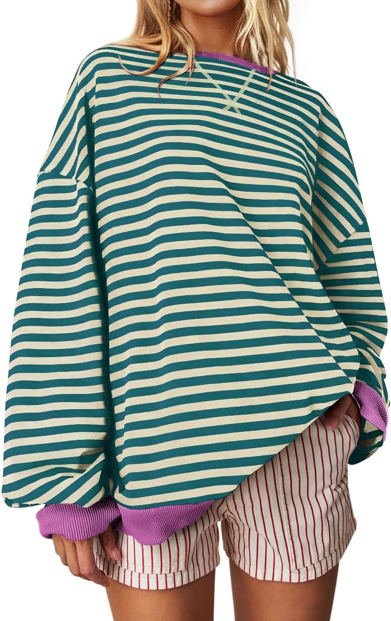UEU Women Oversized Striped Crewneck Sweatshirt Long Sleeve Color Block Pullover...