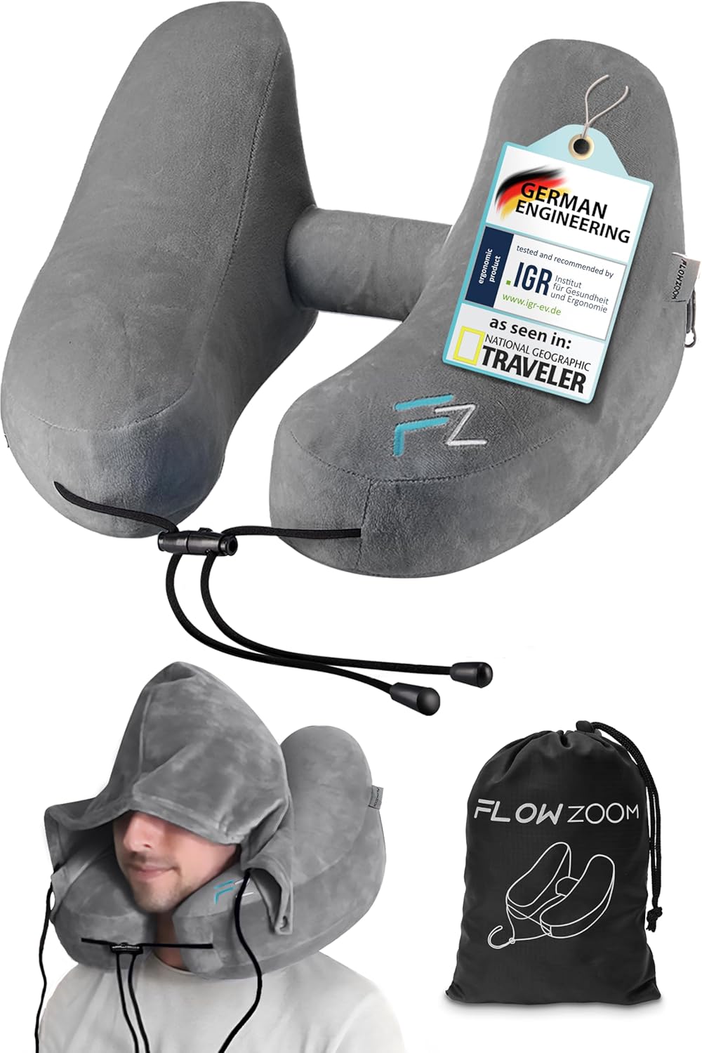 AIR Inflatable Travel Pillow in size L - Hooded Neck Pillow Airplane - Travel Ne...