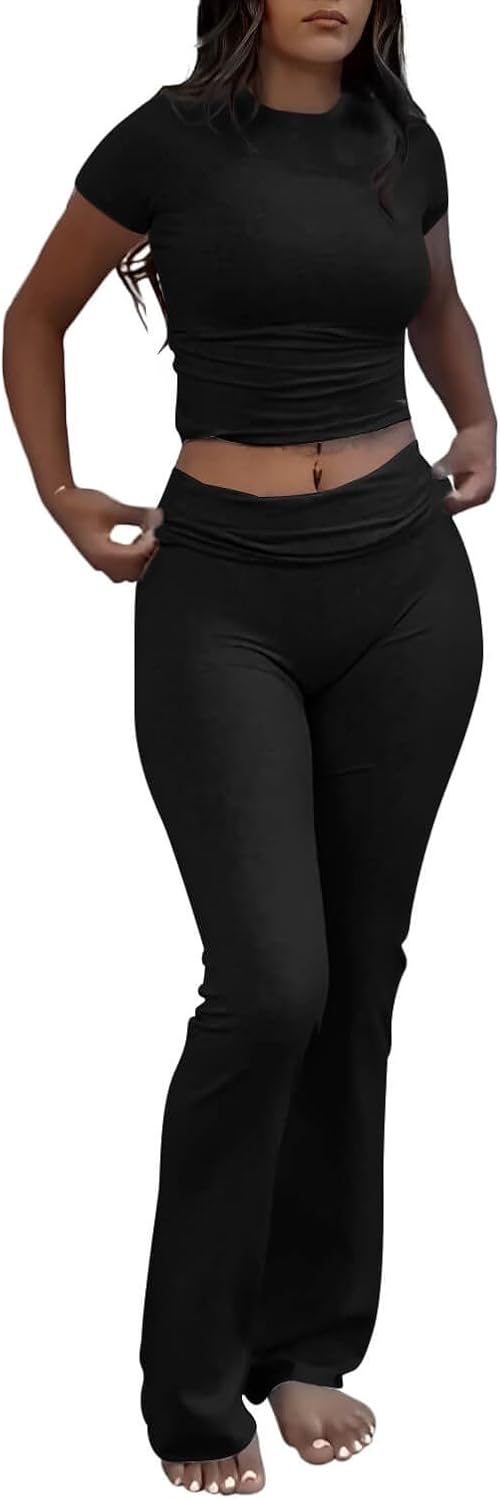 ZFLM Casual Workout Two Piece Outfits for Women Short Sleeve Crop High Waist Fol...