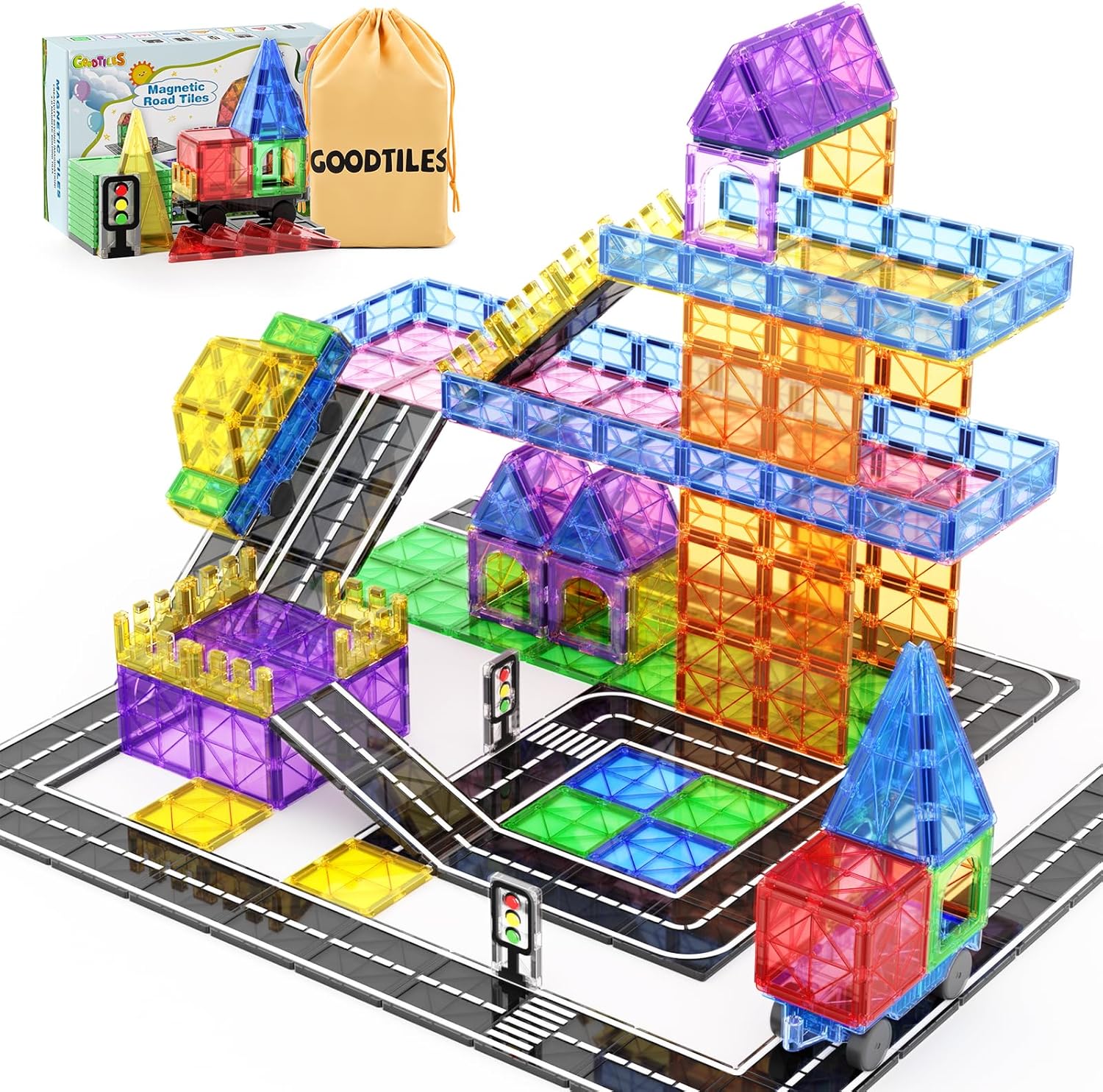 Magnetic Tiles Road Sets with Car Kits -Magnet Building Blocks Montessori Toys f...