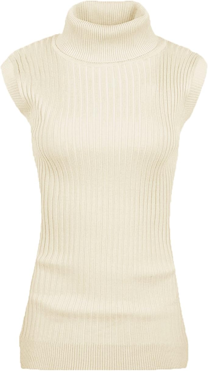 v28 Women Sleeveless High Neck Turtleneck Stretchable Knit Sweater Top Large Bei...