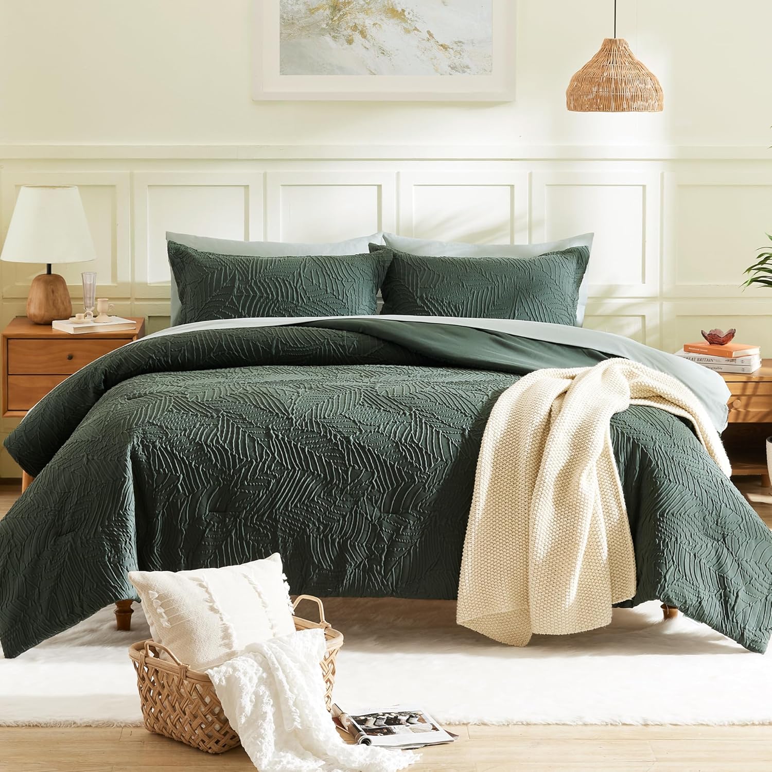 Geniospin King Size Comforter Set, Bed in a Bag Dark Green 7-Pieces, All Season...