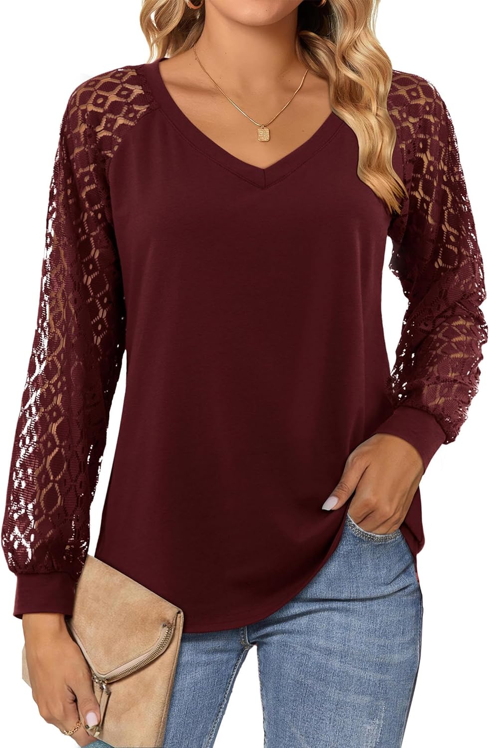 Beluring Womens Lace Long Sleeve Tops Plain V Neck T Shirts Loose Casual Blouse...