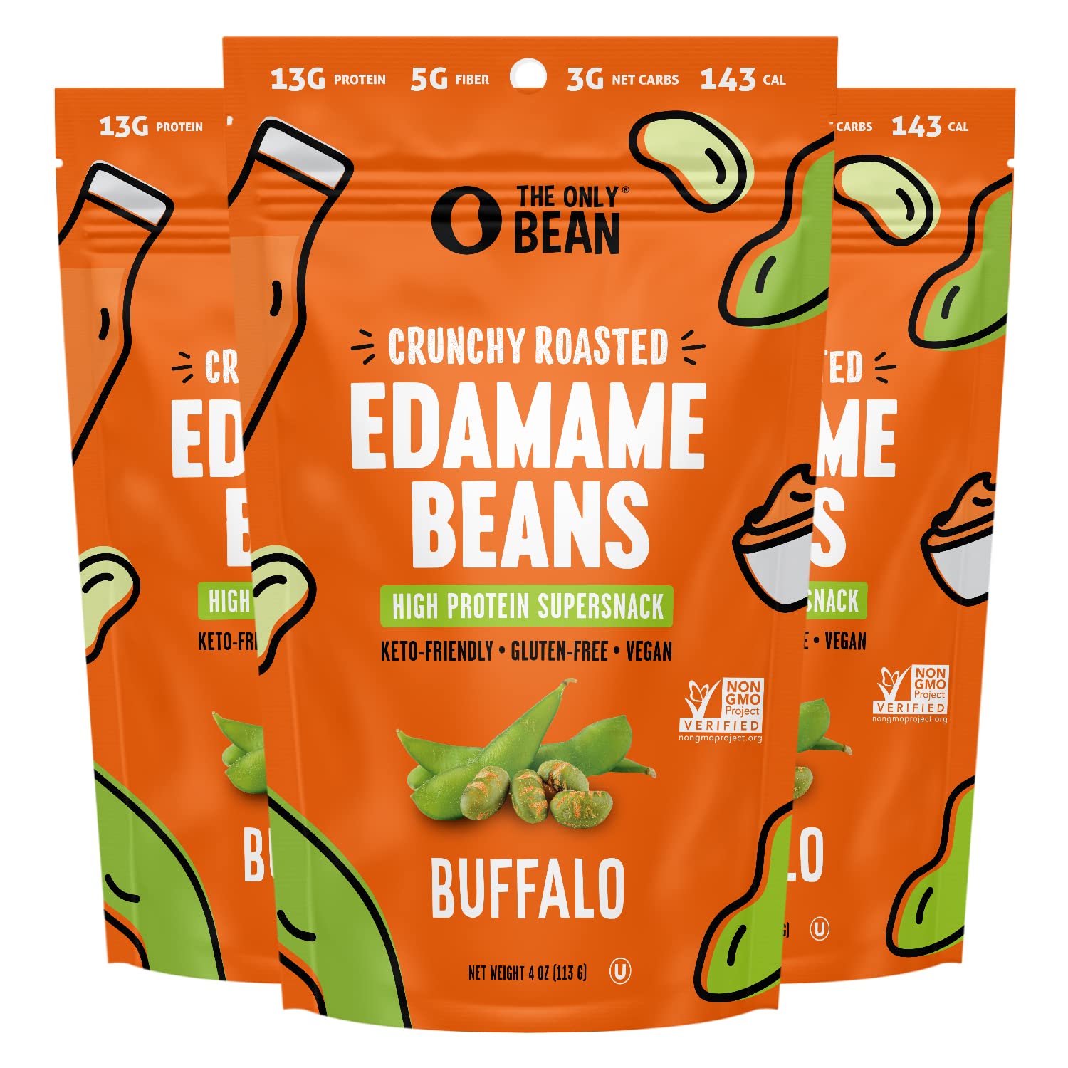 The Only Bean - Crunchy Roasted Edamame Beans (Buffalo), Keto Snacks, Healthy Sn...