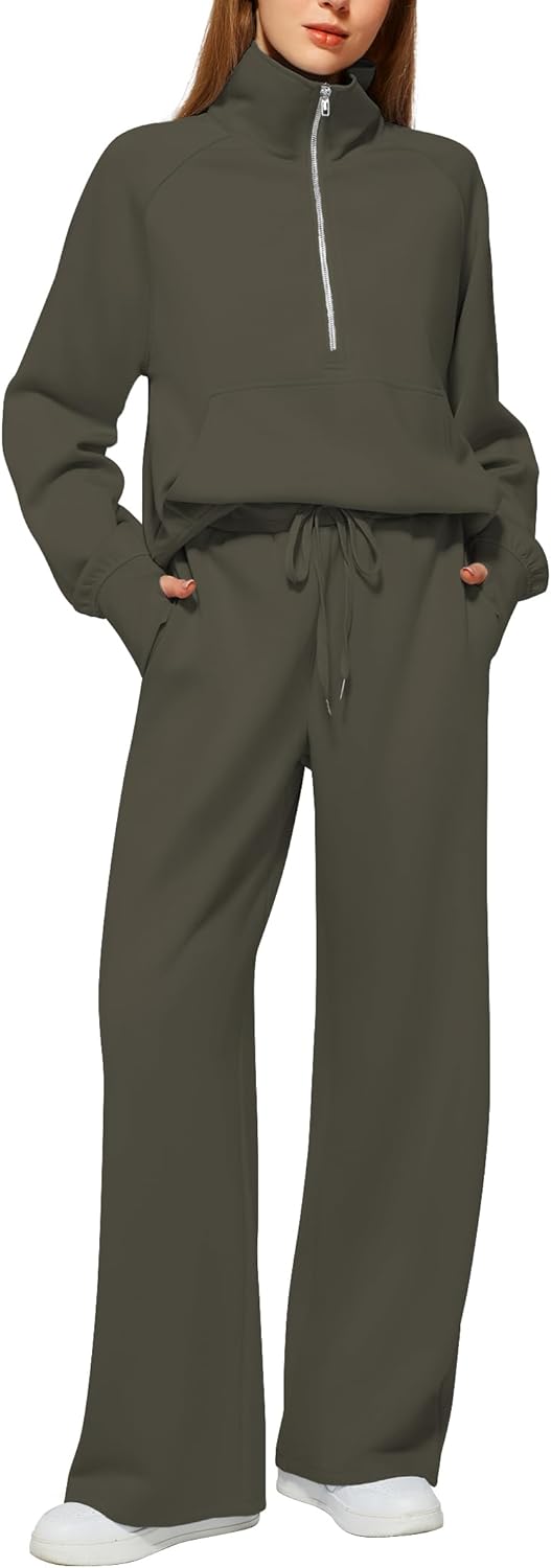 Women's 2 Piece Outfits Lounge Set 2024 Oversized Half Zip Sweatshirt Wide Leg S...
