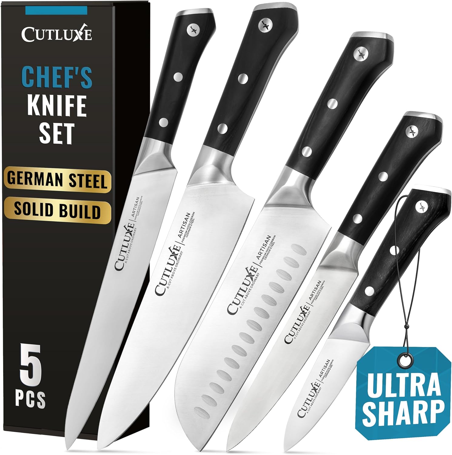 Cutluxe Chef's Knife Set, 5 Pcs Kitchen Knife Set – Razor Sharp German Steel, Fu...