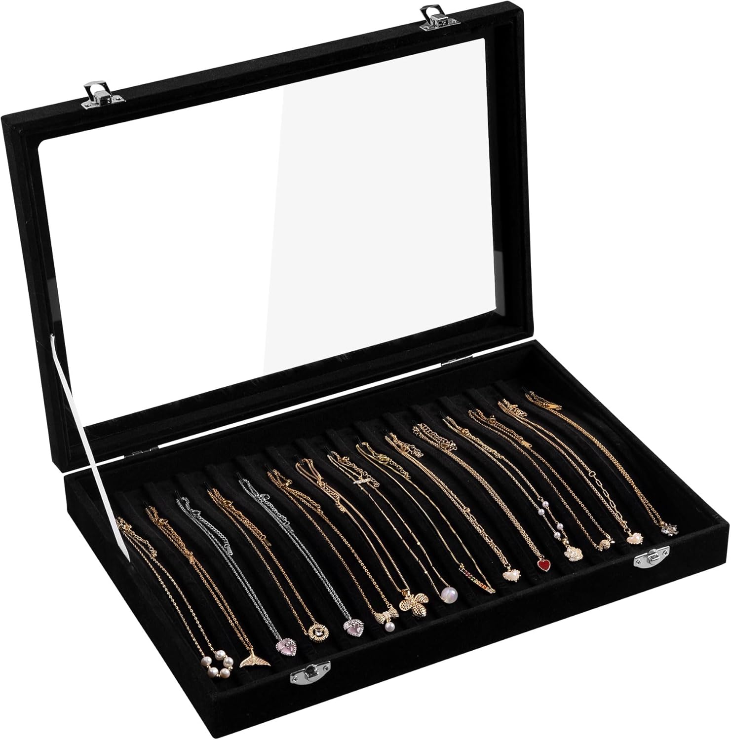 Frebeauty 15 Hooks Necklace Tray Velvet Neckalce Organizer with Clear Lid Lockab...