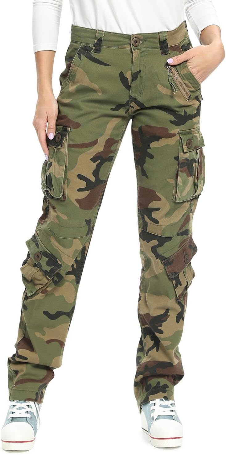Aeslech Womens Cotton Casual Stretchy Cargo Work Combat Trousers Camo Tactical P...