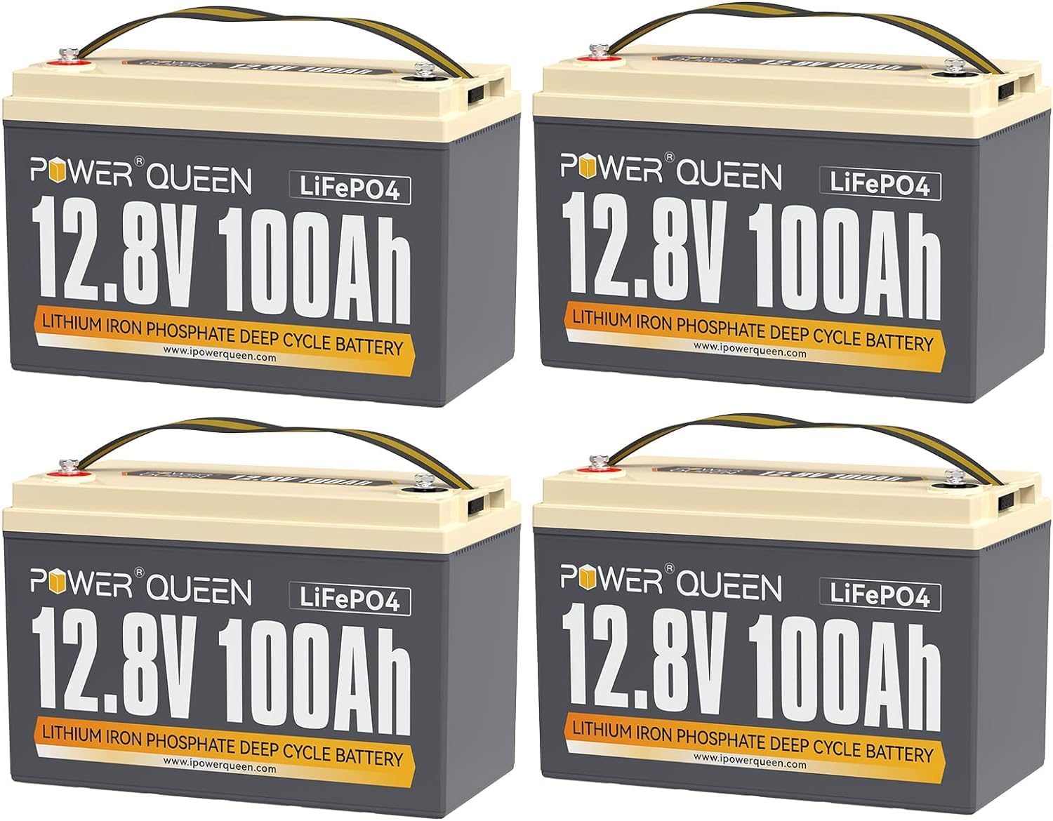 Power Queen 4 Pack 12.8V 100Ah LiFePO4 Battery, Built-in 100A BMS, Lithium Batte...