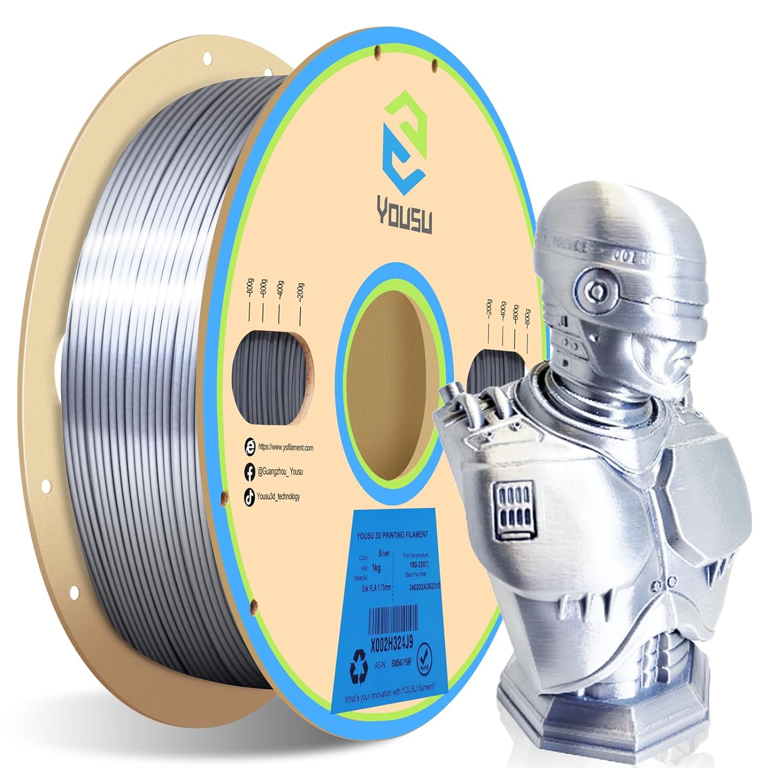 YOUSU Silk 3D Printer Filament,Shiny Silk Sliver PLA Filament 1.75mm 1kg Spool (...