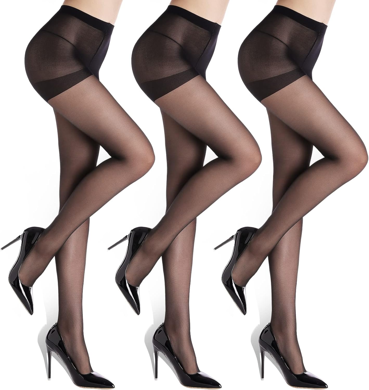 ZIHUA 3 Pairs Sheer Tights for Women, Black, Nude, 20 Denier Control Top Sexy Sh...