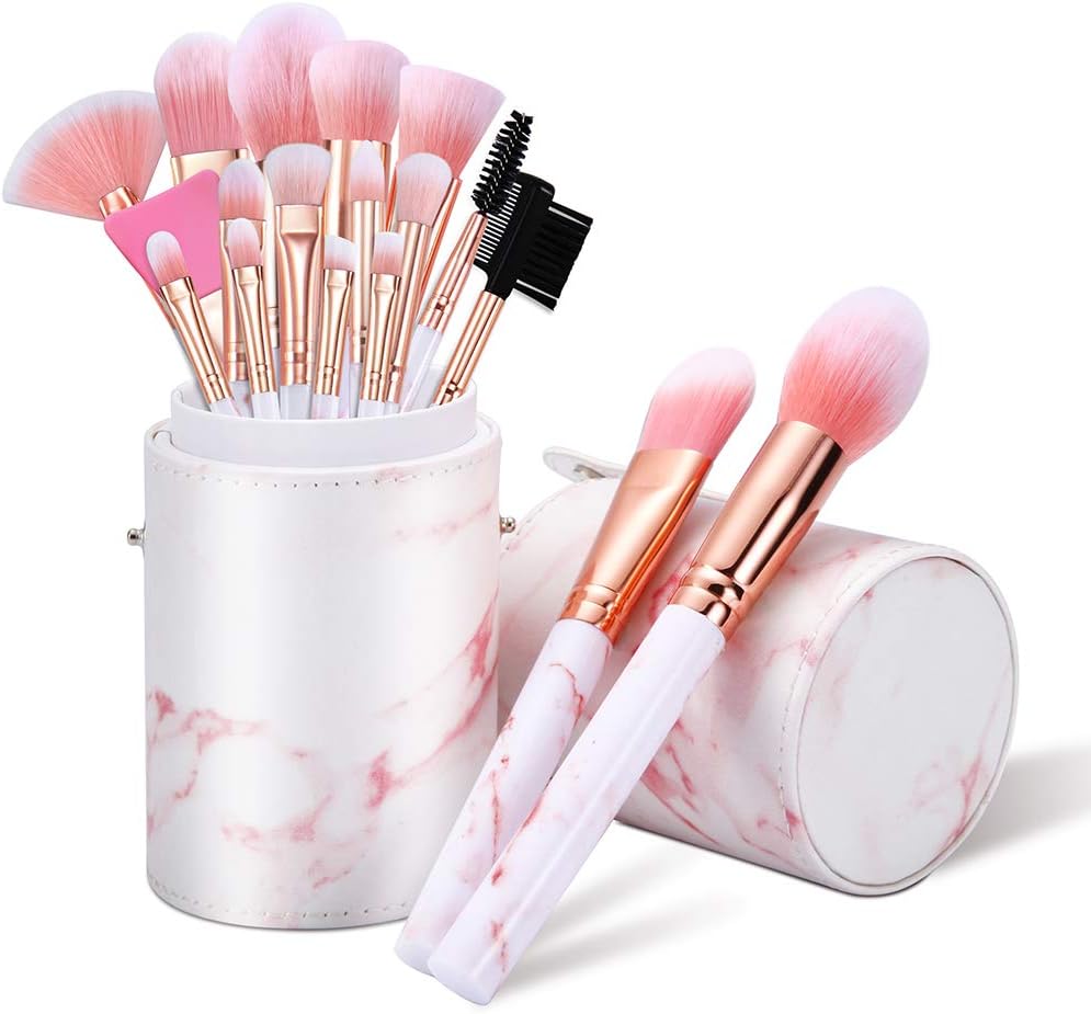 Makeup Brushes Sets Glamour Gaze 16PCS Pink Marble Make up Brushes Foundation Ey...