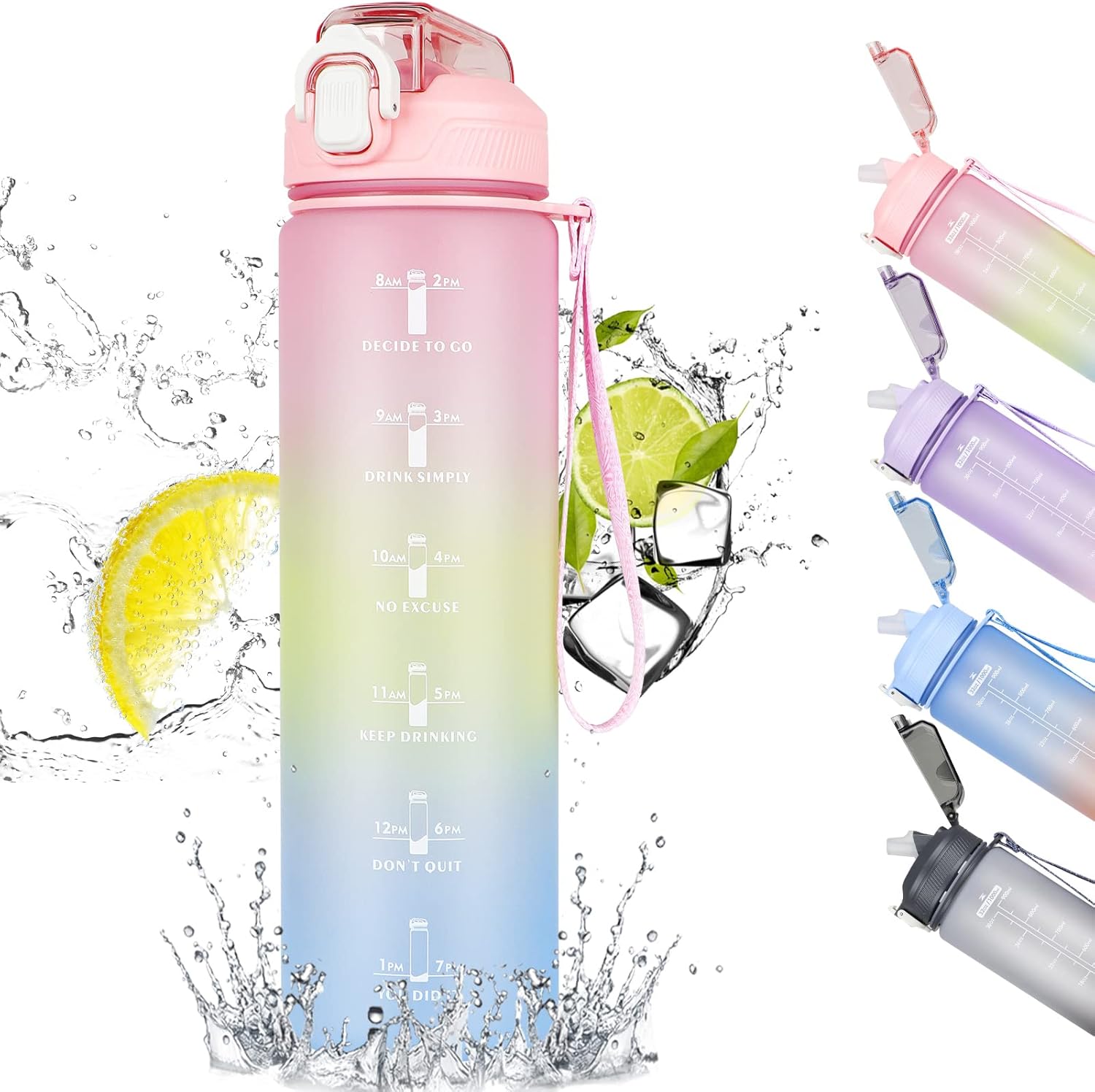 CodiCile 1L Water Bottle, Sports Water Bottle with Straw and Time Markings,Motiv...