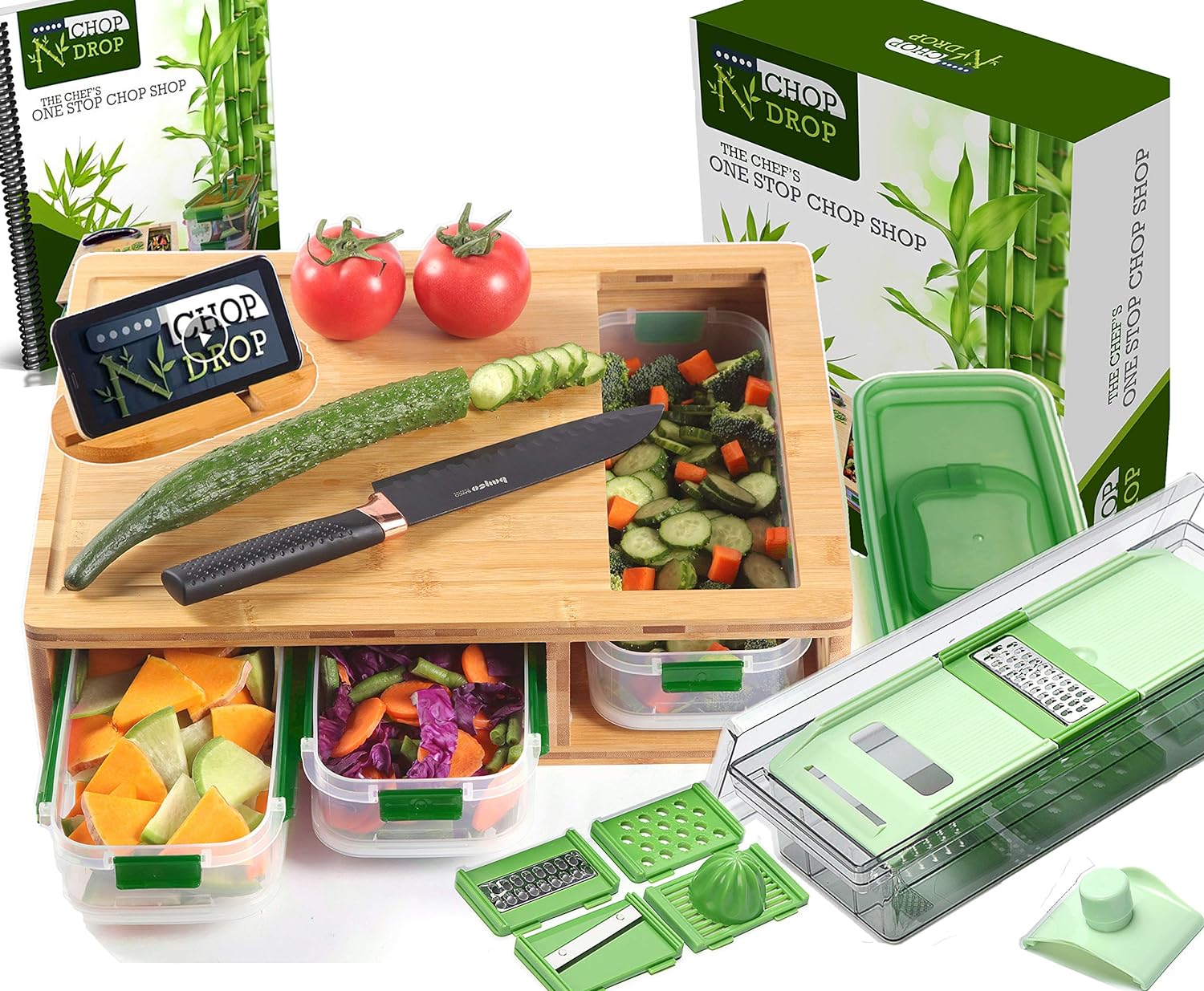 Smart Bamboo Cutting Board With Containers, Locking Lid, and Built-in GRATER. Ea...