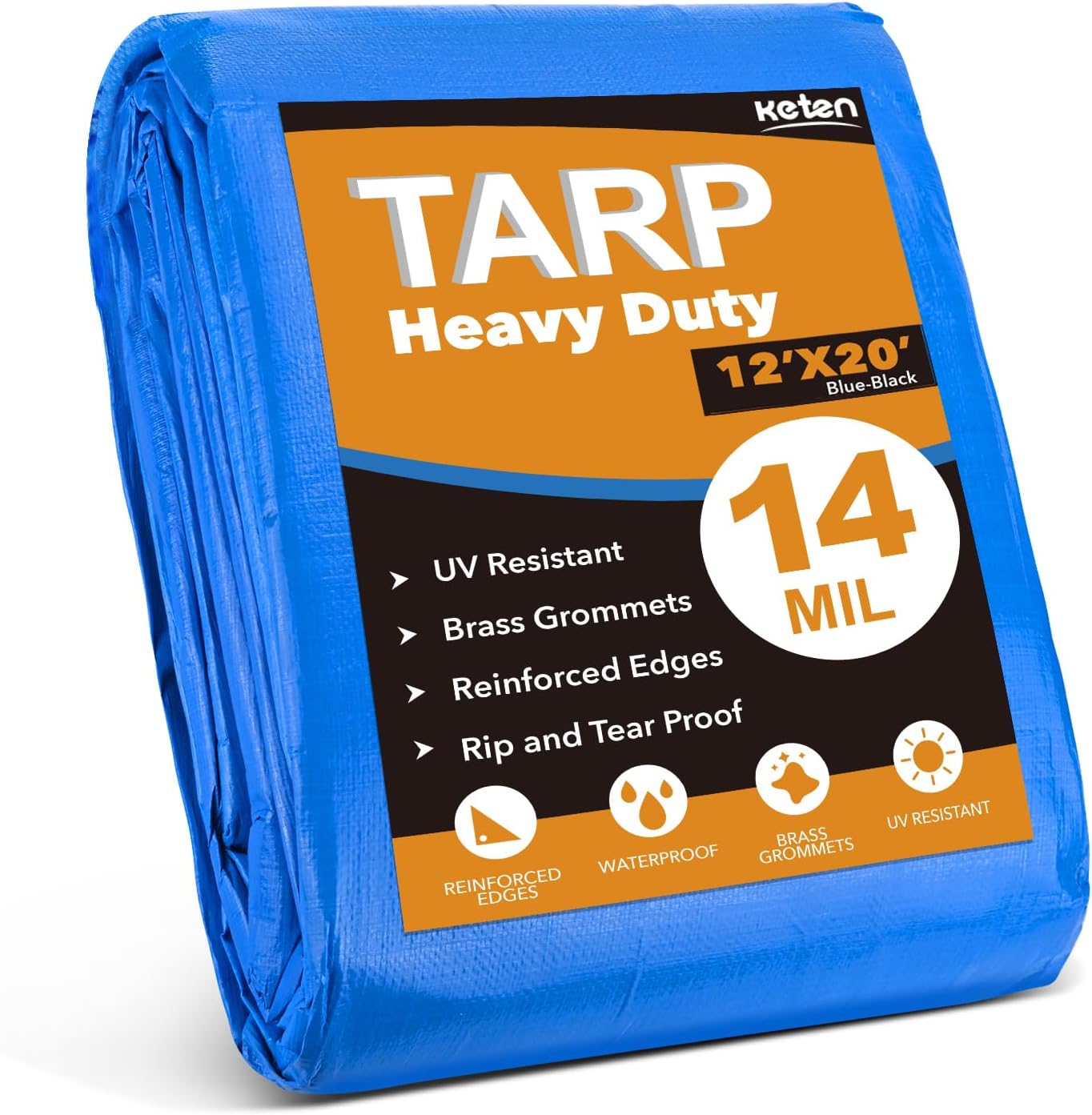12x20Ft Tarp, Keten 14 Mil Tarps Heavy Duty Waterproof with Tear & Fade Resistan...