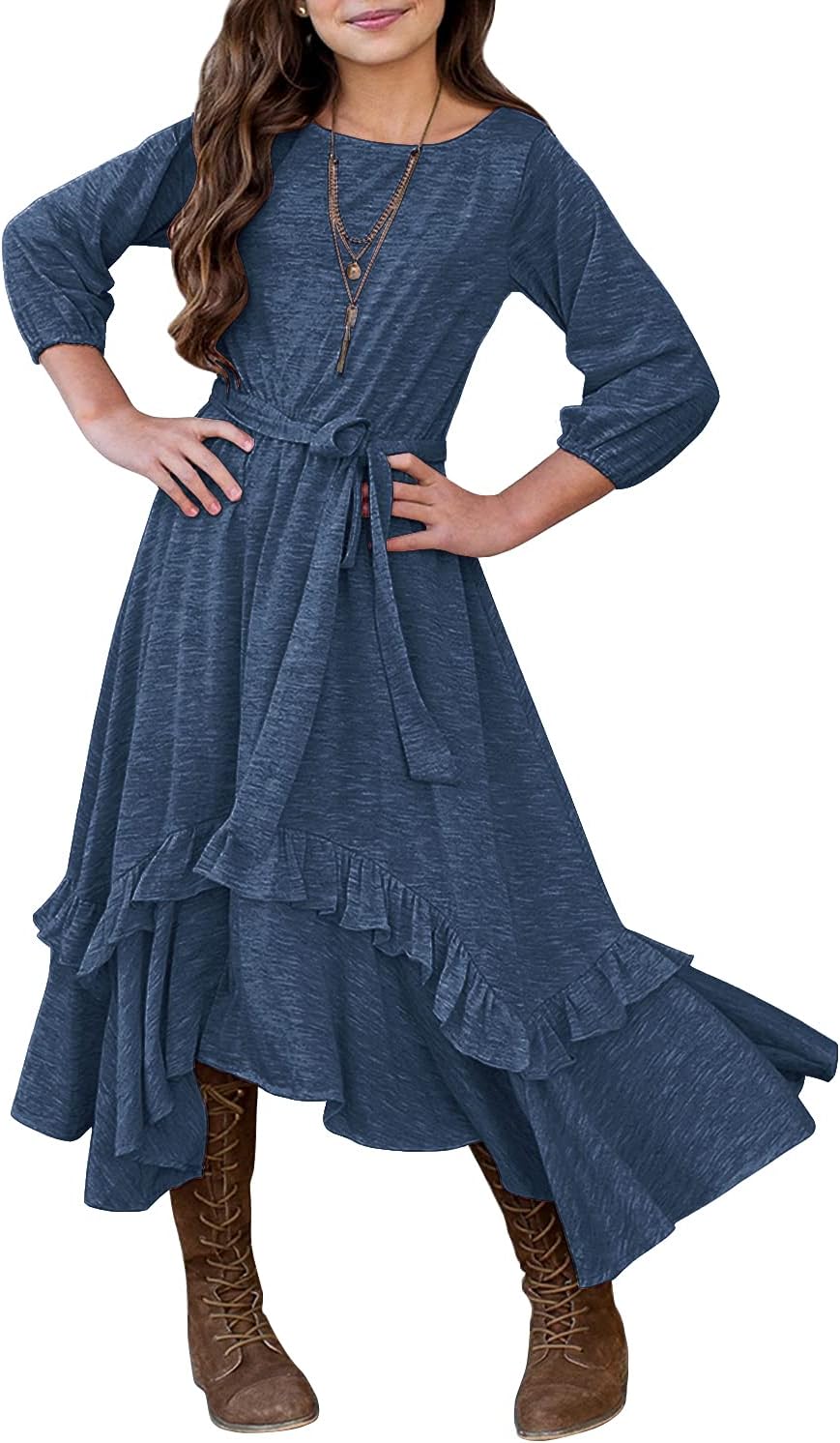 MITILLY Girls Loose Plain 3/4 Sleeve Casual Pocket Ruffle Swing Long Maxi Dress...