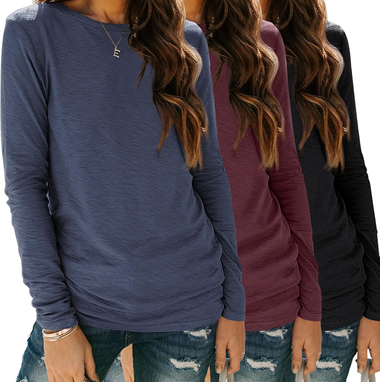 SUNBS Womens 3 Packs Long Sleeve Shirts Loose Fit Fall Tops Fashion Clothes Outf...