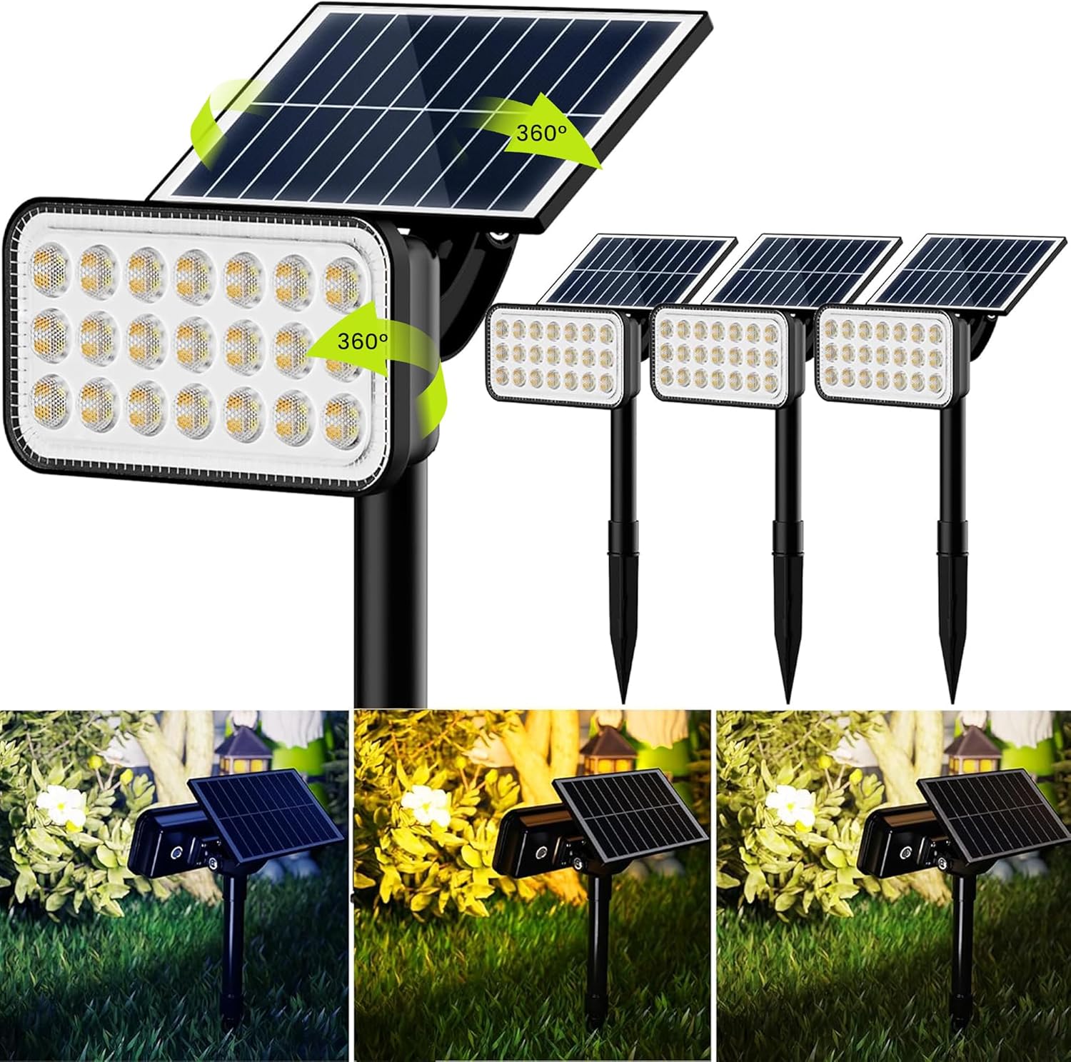JACKYLED 84-LED Solar Spotlights 5 Lighting Modes 360° Adjustable IP65 Waterproo...