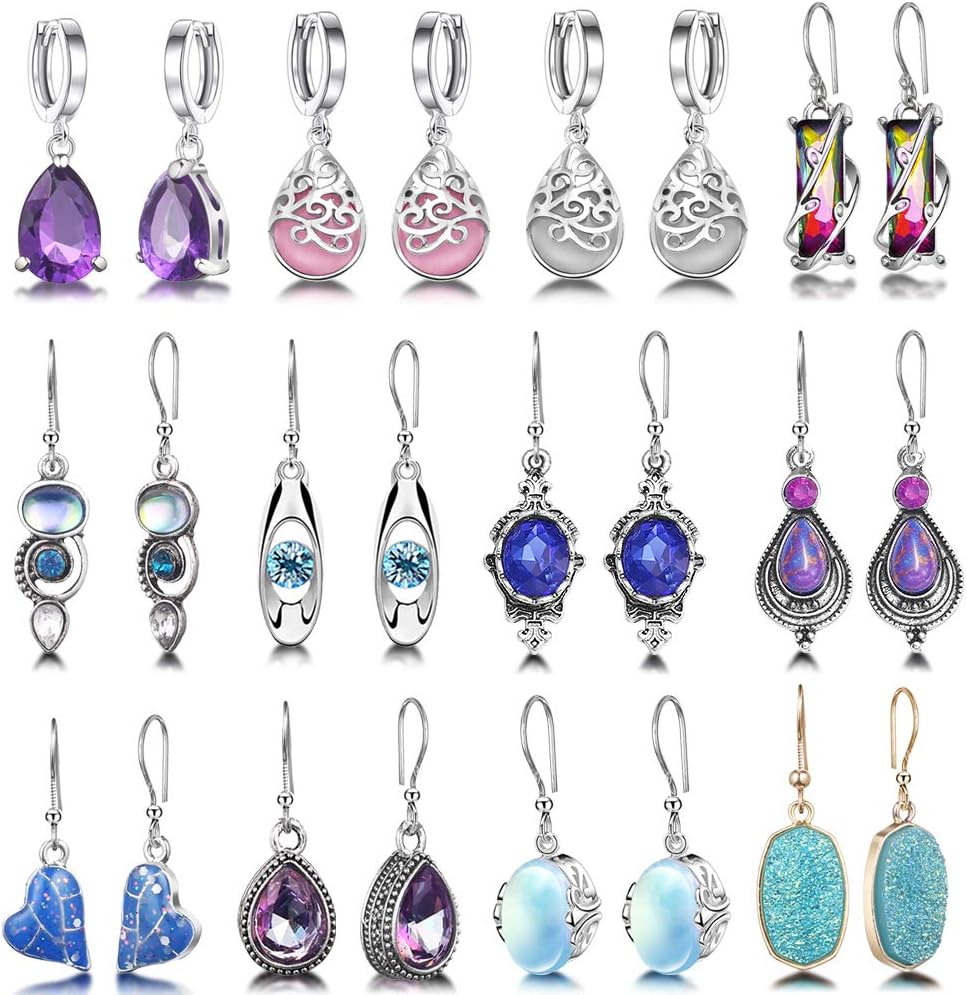 Hefanny 12 Pairs Teardrop Druse Crystal Drop Dangle Earrings for Women Cubic Zir...