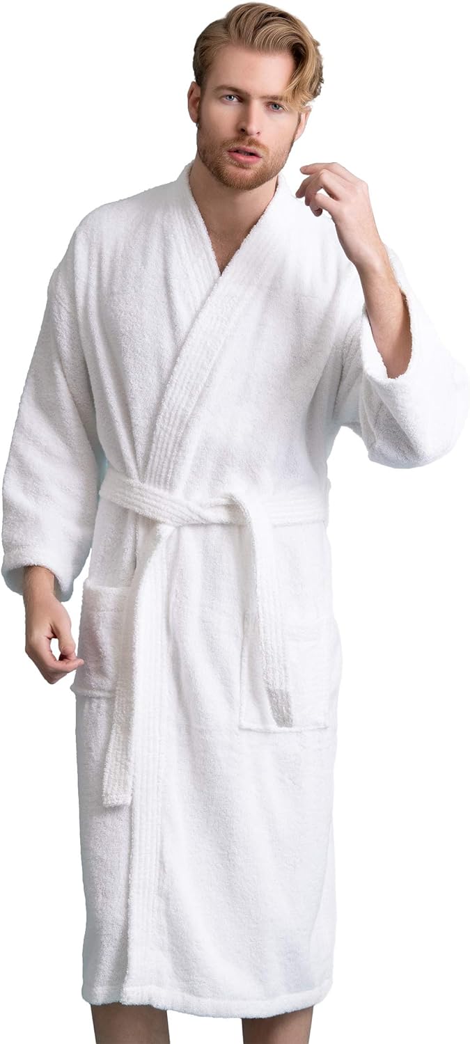 Soft Touch Linen Men's Robe, Turkish Terry Bathrobe, 100% Cotton Kimono Spa Bath...