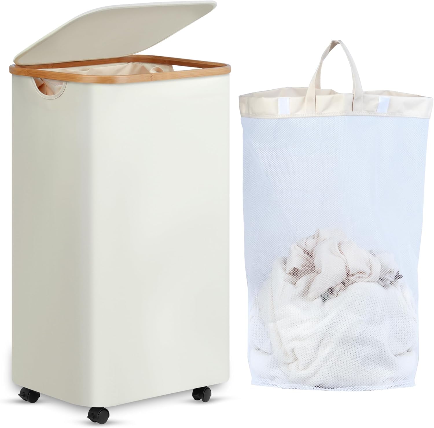 Laundry Basket with Wheels, Rolling Laundry Basket with Lid and Removable Bag, D...