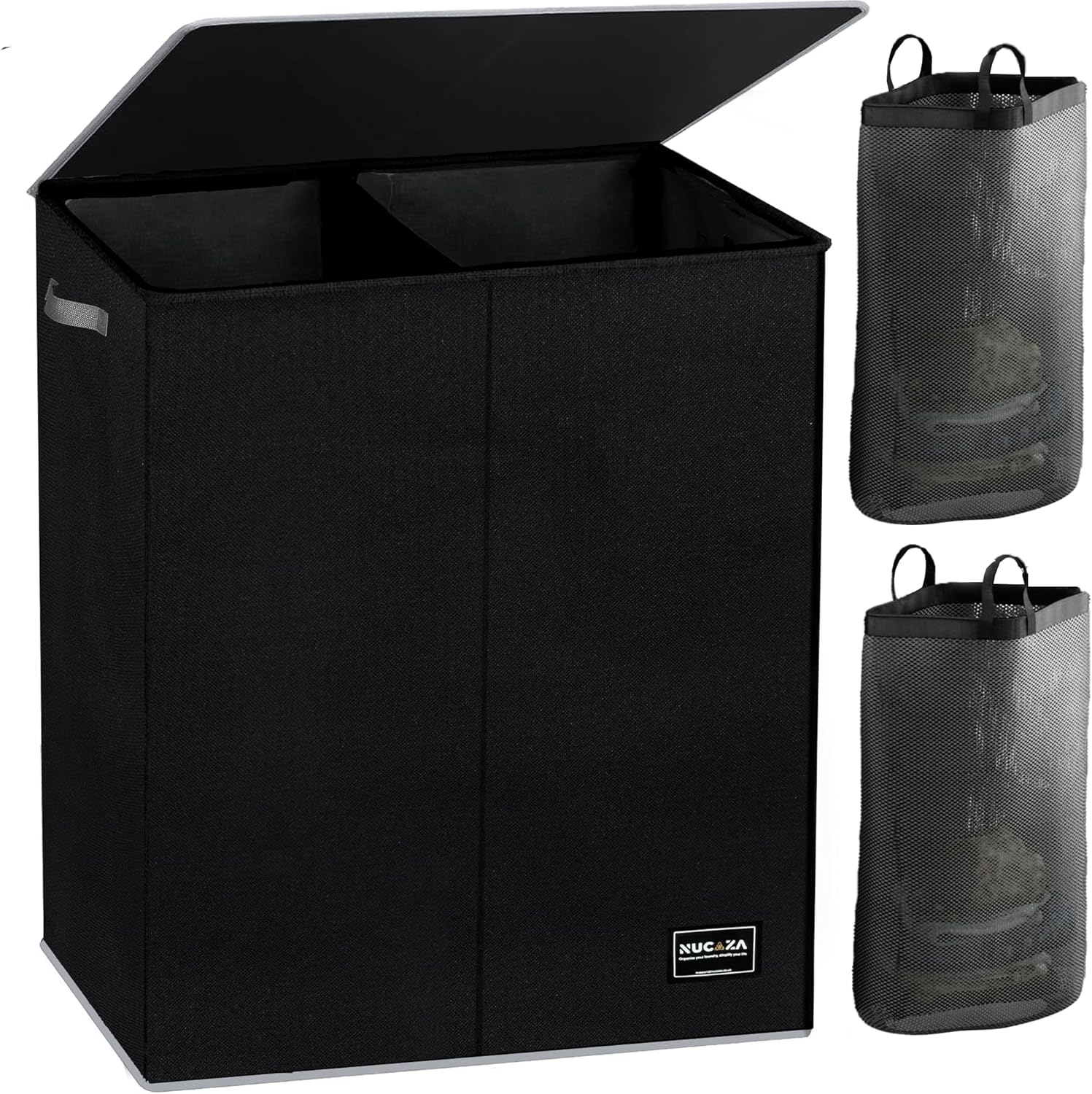 NUCAZA 145L Double Laundry Basket with Lid & Removable Laundry Bags, 2 Compartme...