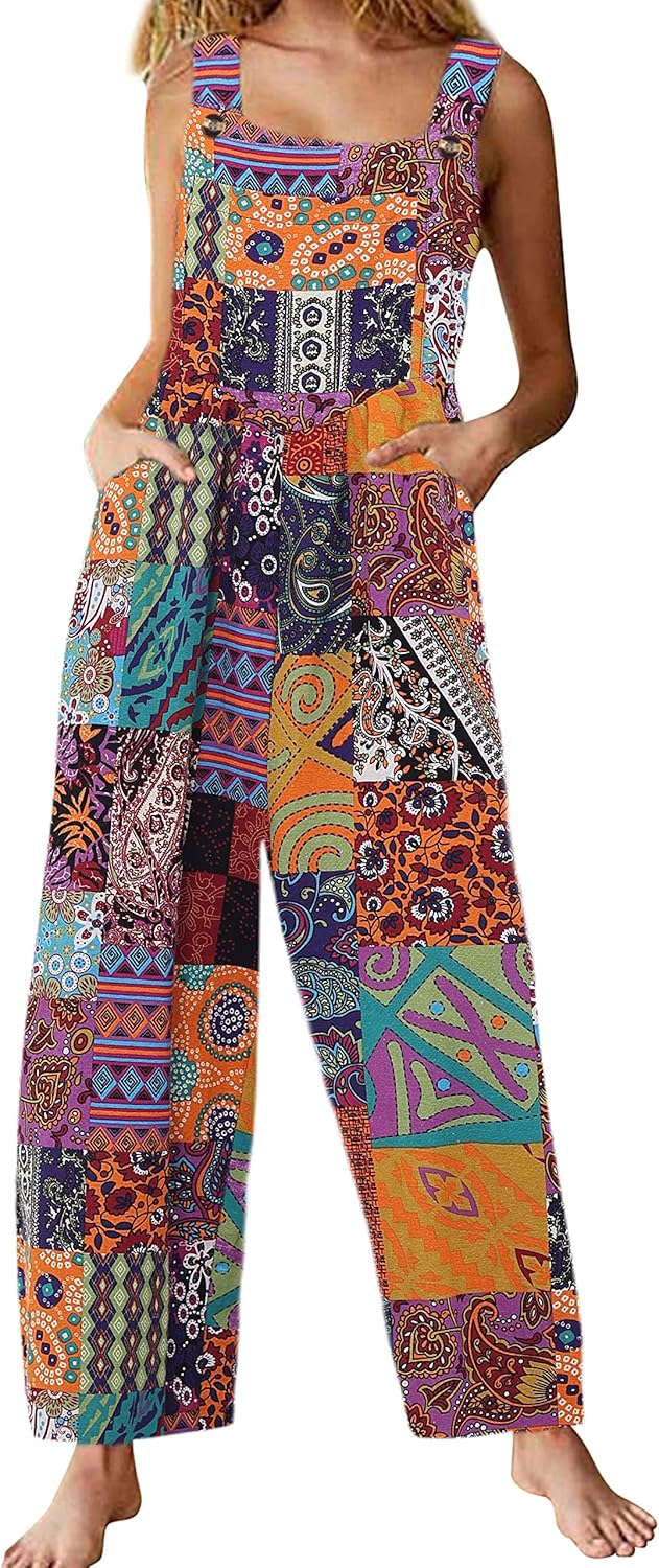 Himosyber Women's Patchwork Dual Pocket Jumpsuit Loose Floral Print Bohemian Wid...
