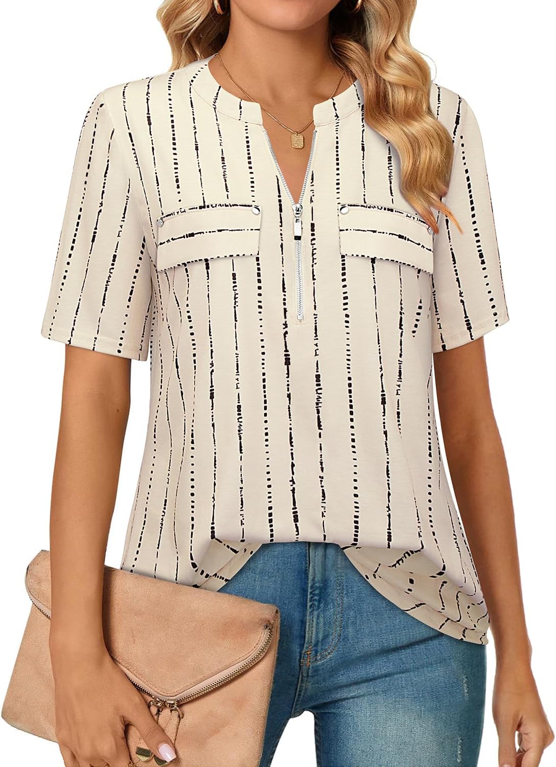 Bulotus Women's Zip Front V-Neck Short Sleeve Work Casual Top Blouse Shirt (Soli...