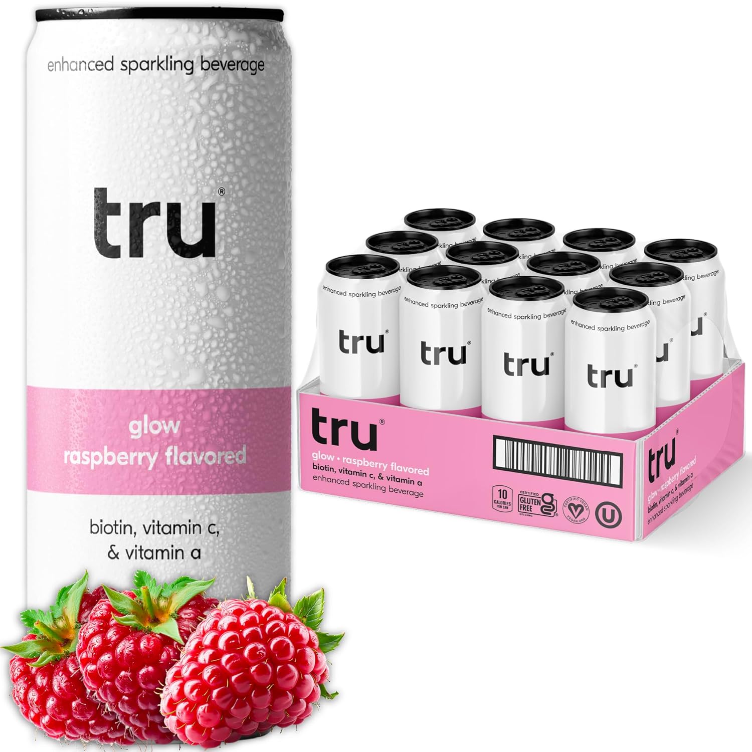 Tru Glow Seltzer, Biotin Beauty Drinks with Vitamin A, Raspberry Fruit Juice Fla...