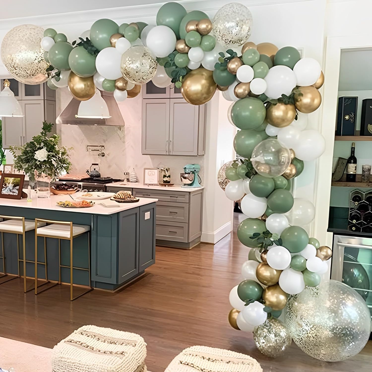 137PCS Sage Green Balloon Garland Arch Kit White Gold Confetti Balloons Retro Gr...