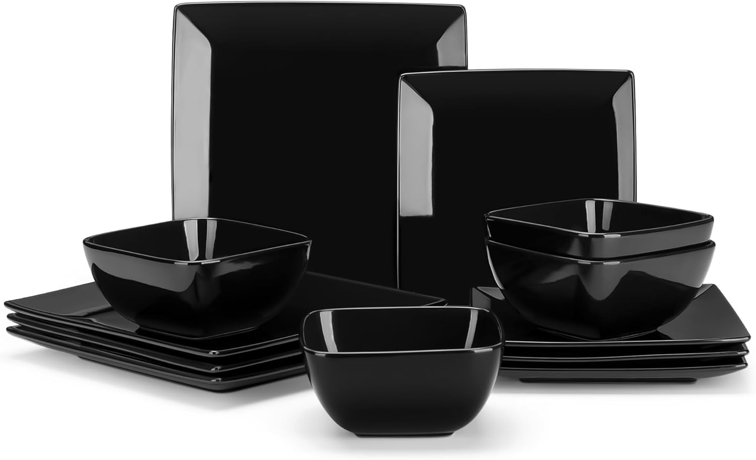 vancasso Soho Dinnerware Sets 12 Pieces, Black Stoneware Square Place Setting, D...