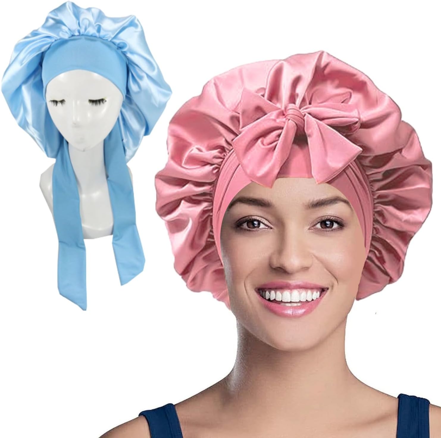 WUBAYI 2PCS Satin Bonnet, Silk Bonnet Hair Wrap for Sleeping, Hair Bonnet for Ba...