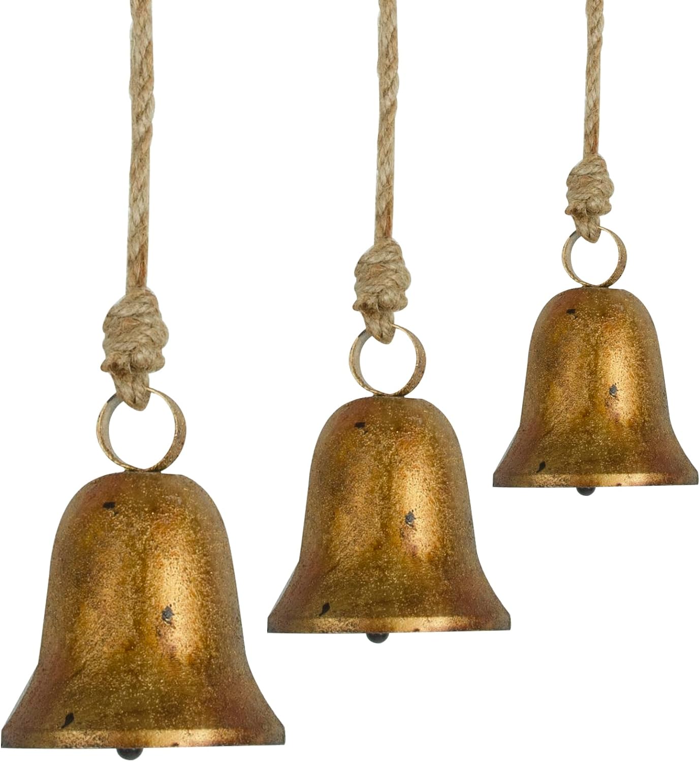3 Pcs Handmade Rustic Christmas Bells, Vintage Iron Bells with Jute Rope for Han...