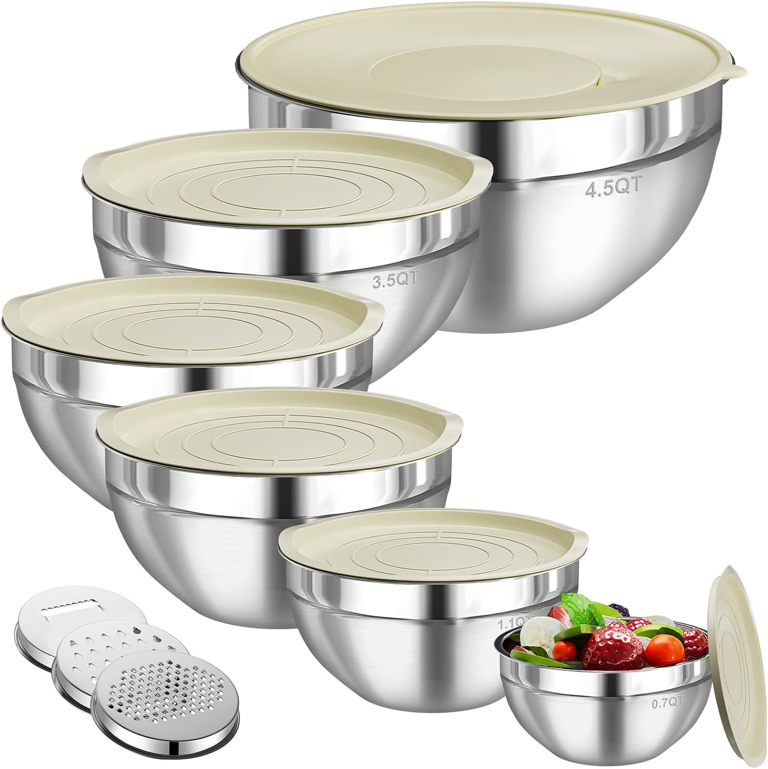 Mixing Bowls with Lids Set, 6 PCS Stainless Steel Mixing Bowls with 3 Grater Att...