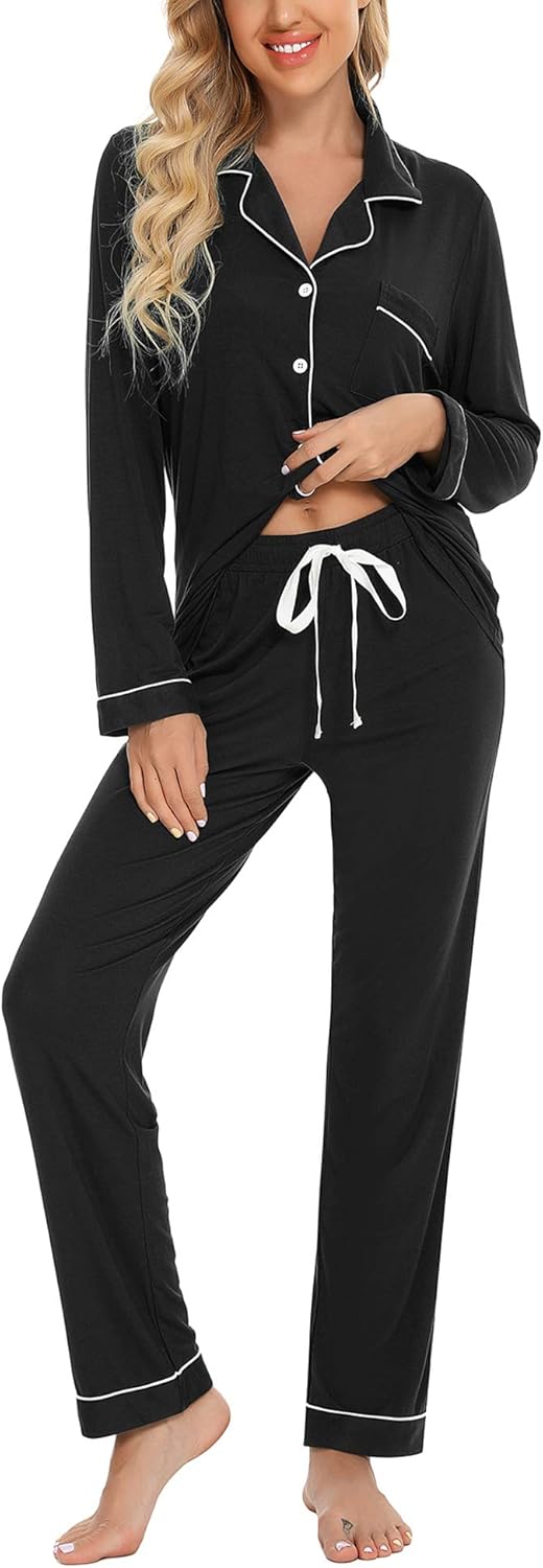 Leikar Button Up Pajama Set For Women Long Sleeve Shirt And Pajama Pants Soft Pj...