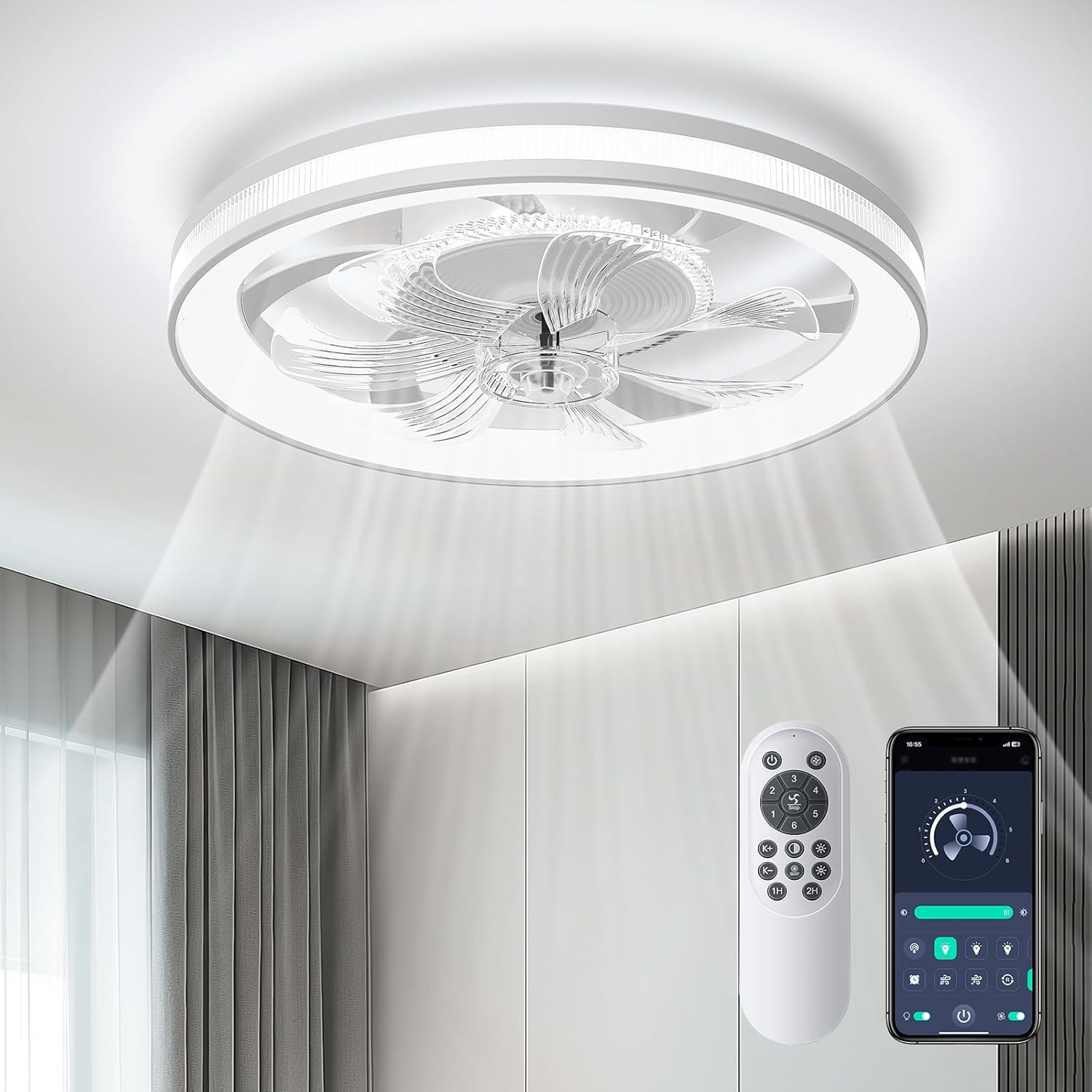 Modern Ceiling Fans with Lights: 19" Low Profile Ceiling Fan for Bedroom with Qu...