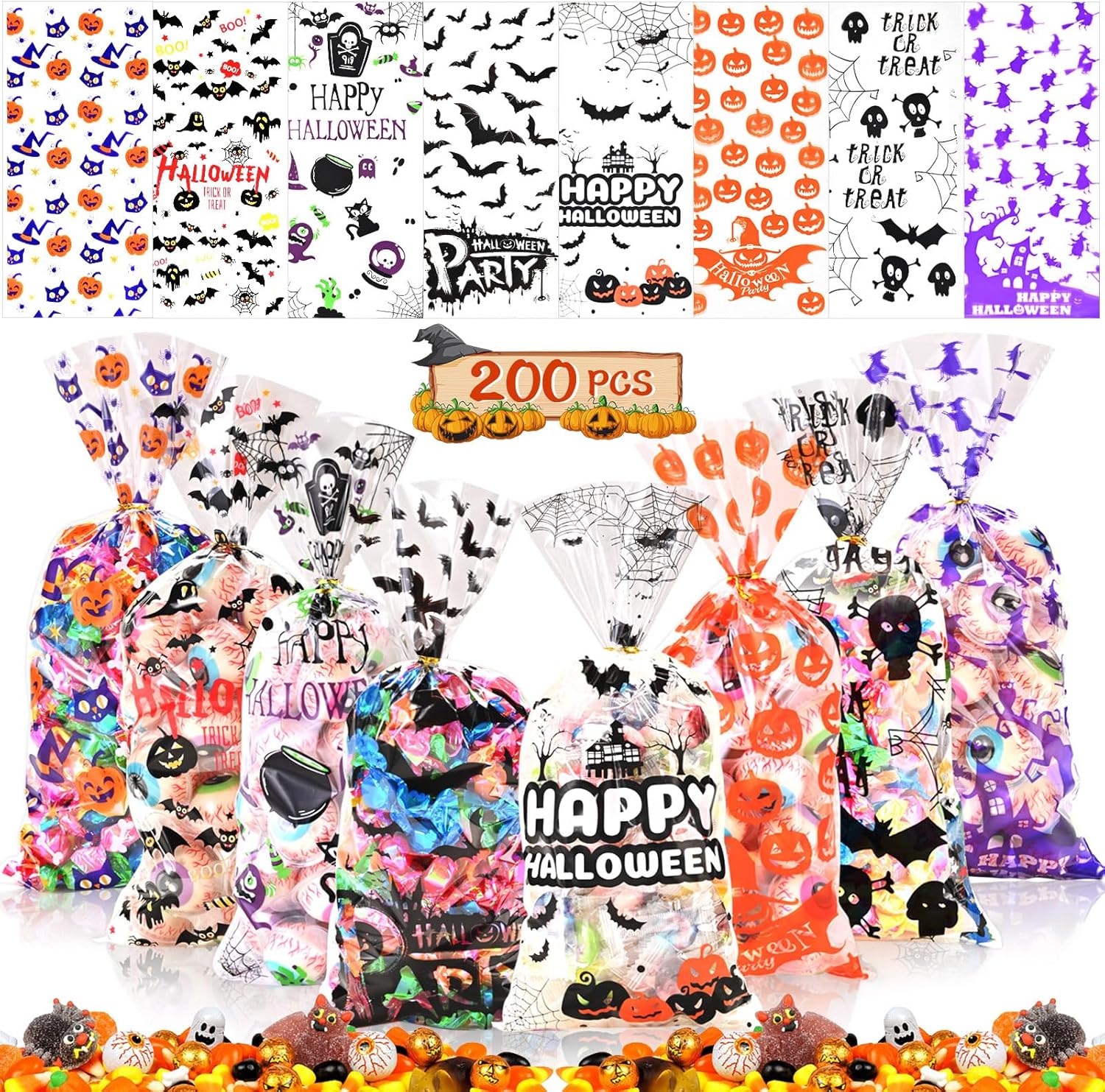 200PCS Halloween Sweets Bags for Trick or Treating, Ahfulife Halloween Cellophan...