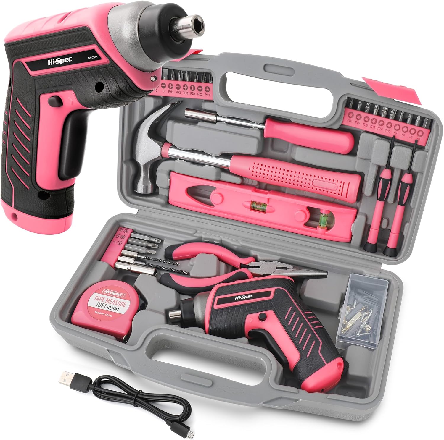 Hi-Spec 35PC Pink Tool Kit Set with Electric Screwdriver 3.6V USB & Bit Set - Sm...