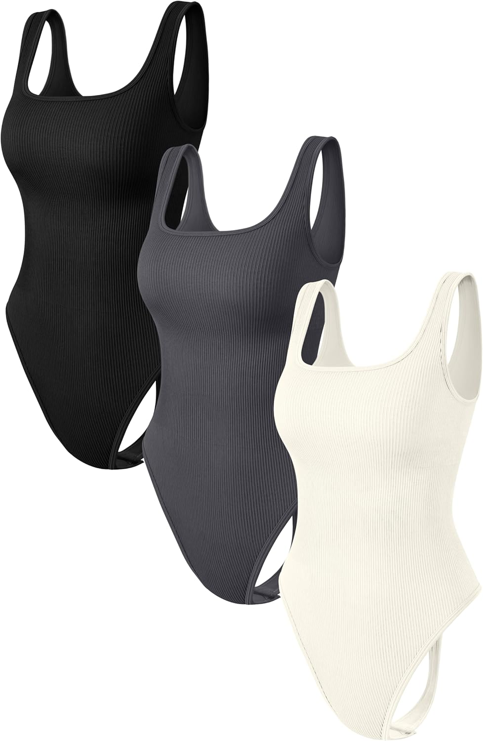 OQQ Women's 3 Piece Bodysuits Sexy Ribbed Sleeveless Square Neck Stretch Tank To...