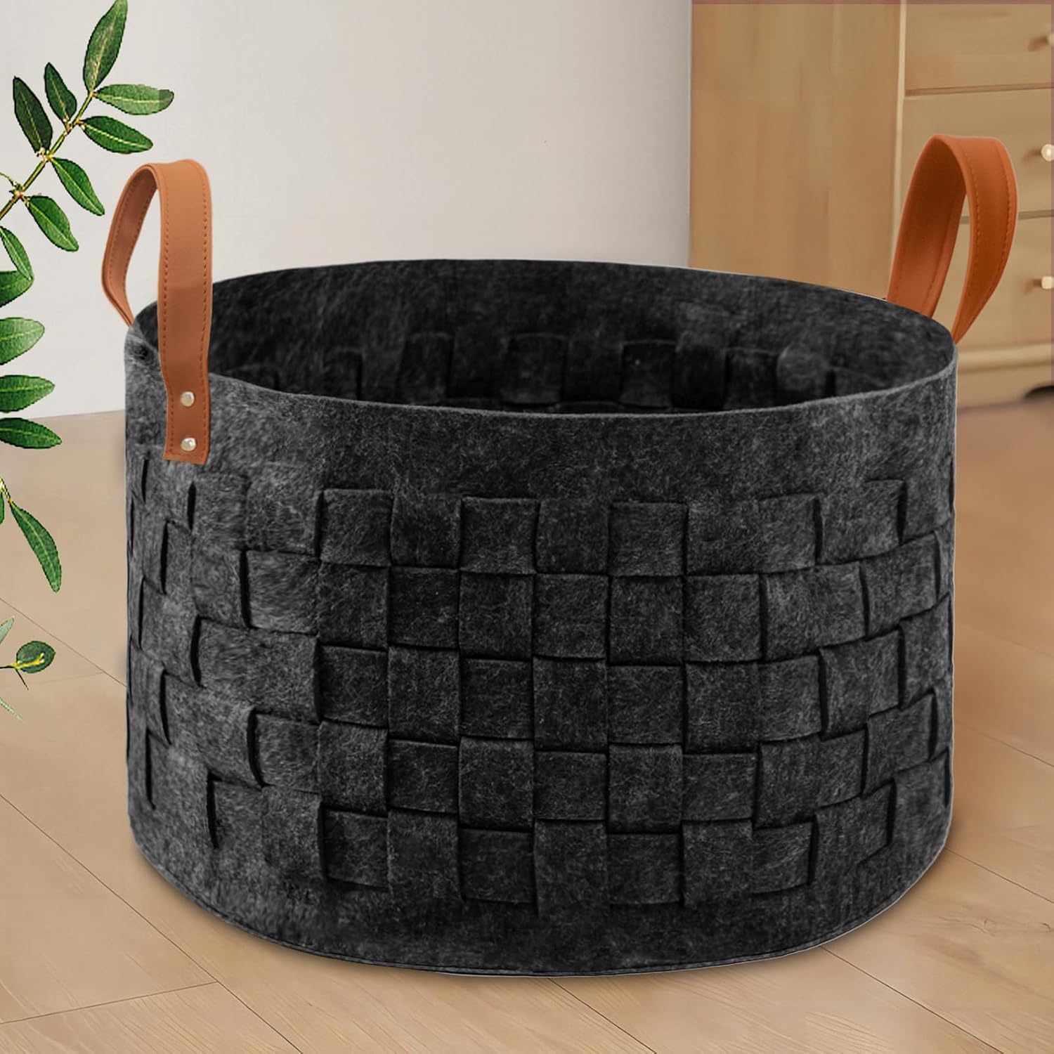 Laundry Basket 20" x20 x11.8, Large Round Blanket Basket with Leather Handle, Fe...